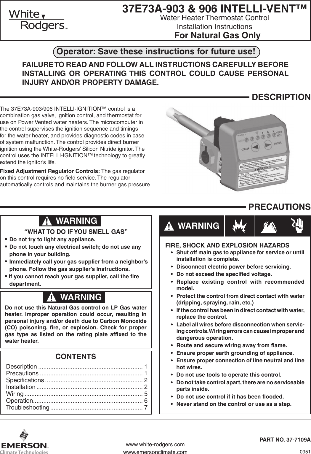 Page 1 of 8 - White-Rodgers White-Rodgers-37E73A-903-Intelli-Vent-Control-For-Power-Vented-Water-Heaters-Installation-Instructions- 37E73A-903_Intellivent_37-7109A  White-rodgers-37e73a-903-intelli-vent-control-for-power-vented-water-heaters-installation-instructions