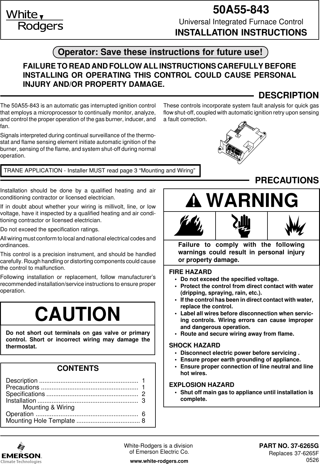 Page 1 of 8 - White-Rodgers White-Rodgers-50A55-843-Universal-Silicon-Carbide-Integrated-Furnace-Control-Installation-Instructions- 50A55-843 (37-6265F)  White-rodgers-50a55-843-universal-silicon-carbide-integrated-furnace-control-installation-instructions
