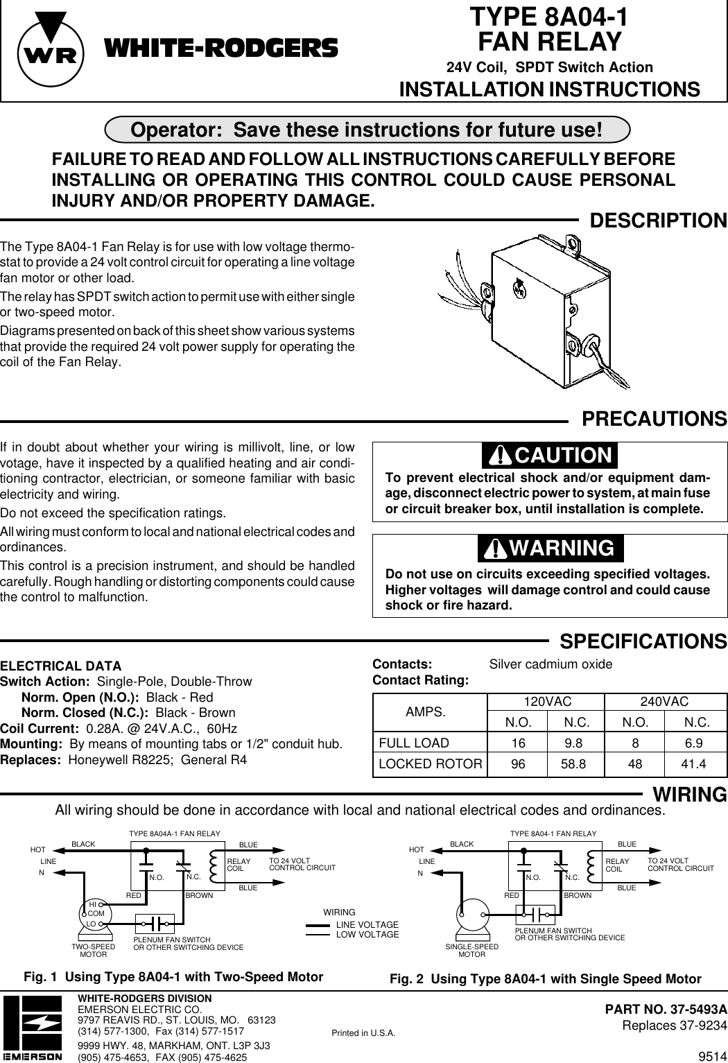 White Rodgers 8a04 1 Spdt Fan Relays Installation Instructions 37