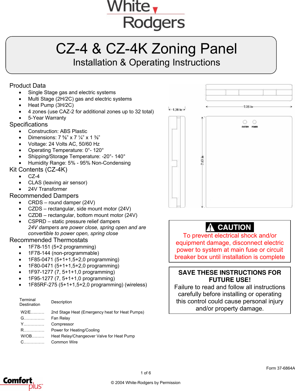 White Rodgers Cz 4 Master Zone Control Panel Installation Instructions