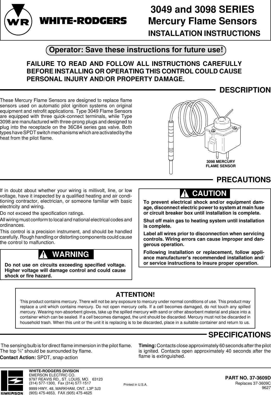 Page 1 of 6 - White-Rodgers White-Rodgers-Mercury-Flame-Sensor-3049-Users-Manual- 37-3609D EN  White-rodgers-mercury-flame-sensor-3049-users-manual