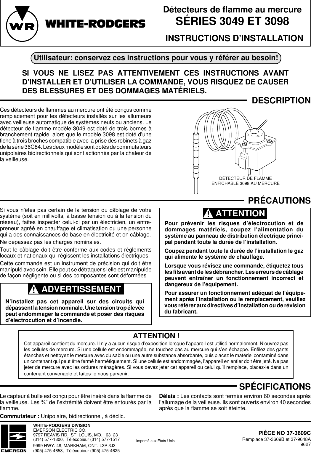 Page 4 of 6 - White-Rodgers White-Rodgers-Mercury-Flame-Sensor-3049-Users-Manual- 37-3609D EN  White-rodgers-mercury-flame-sensor-3049-users-manual