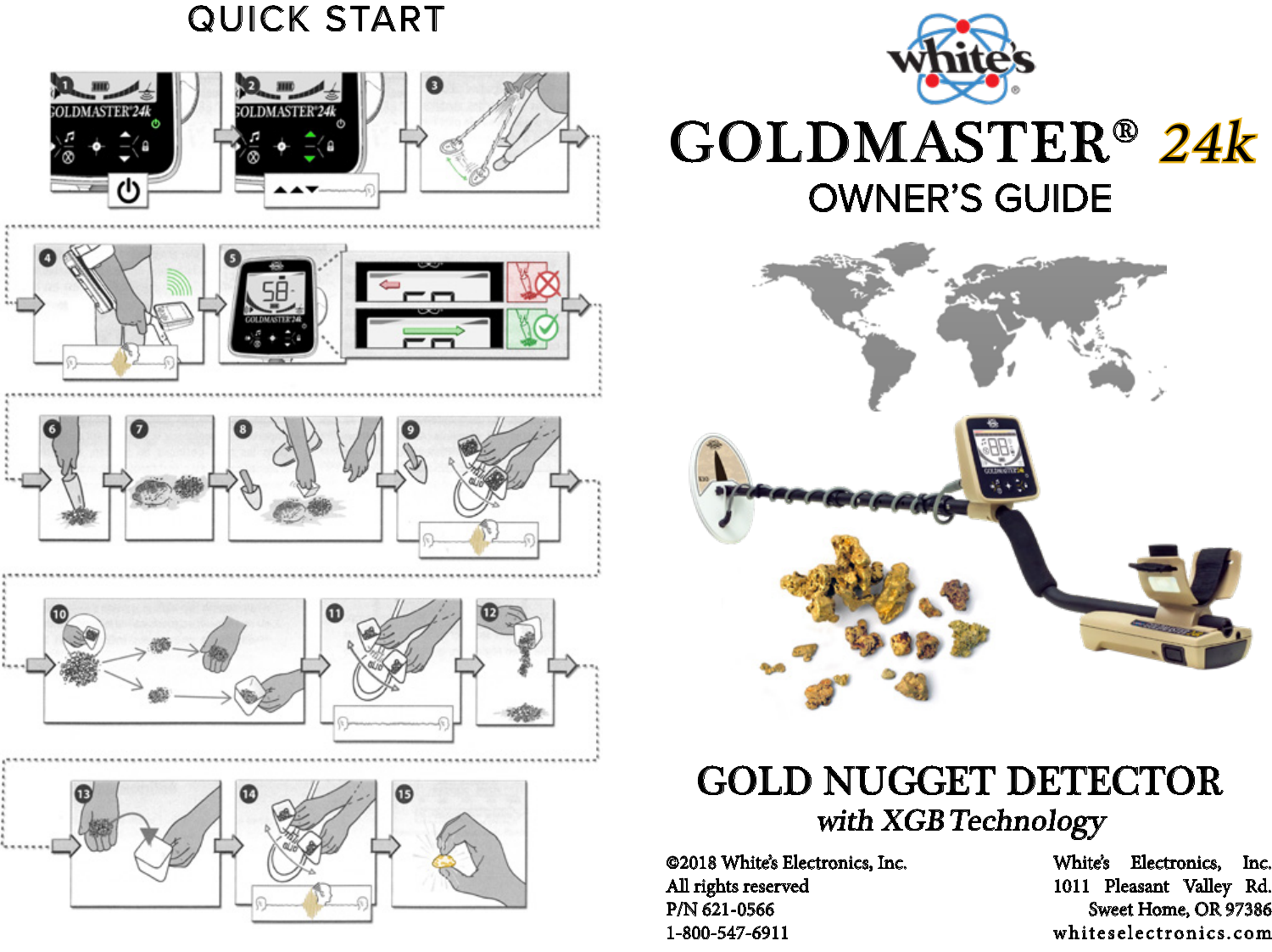 GOLDMASTER® 24kOWNER’S GUIDEGOLD NUGGET DETECTORwith XGB TechnologyWhite’s Electronics, Inc.1011 Pleasant Valley Rd.Sweet Home, OR 97386whiteselectronics.com©2018 White’s Electronics, Inc.All rights reservedP/N 621-05661-800-547-6911QUICK START