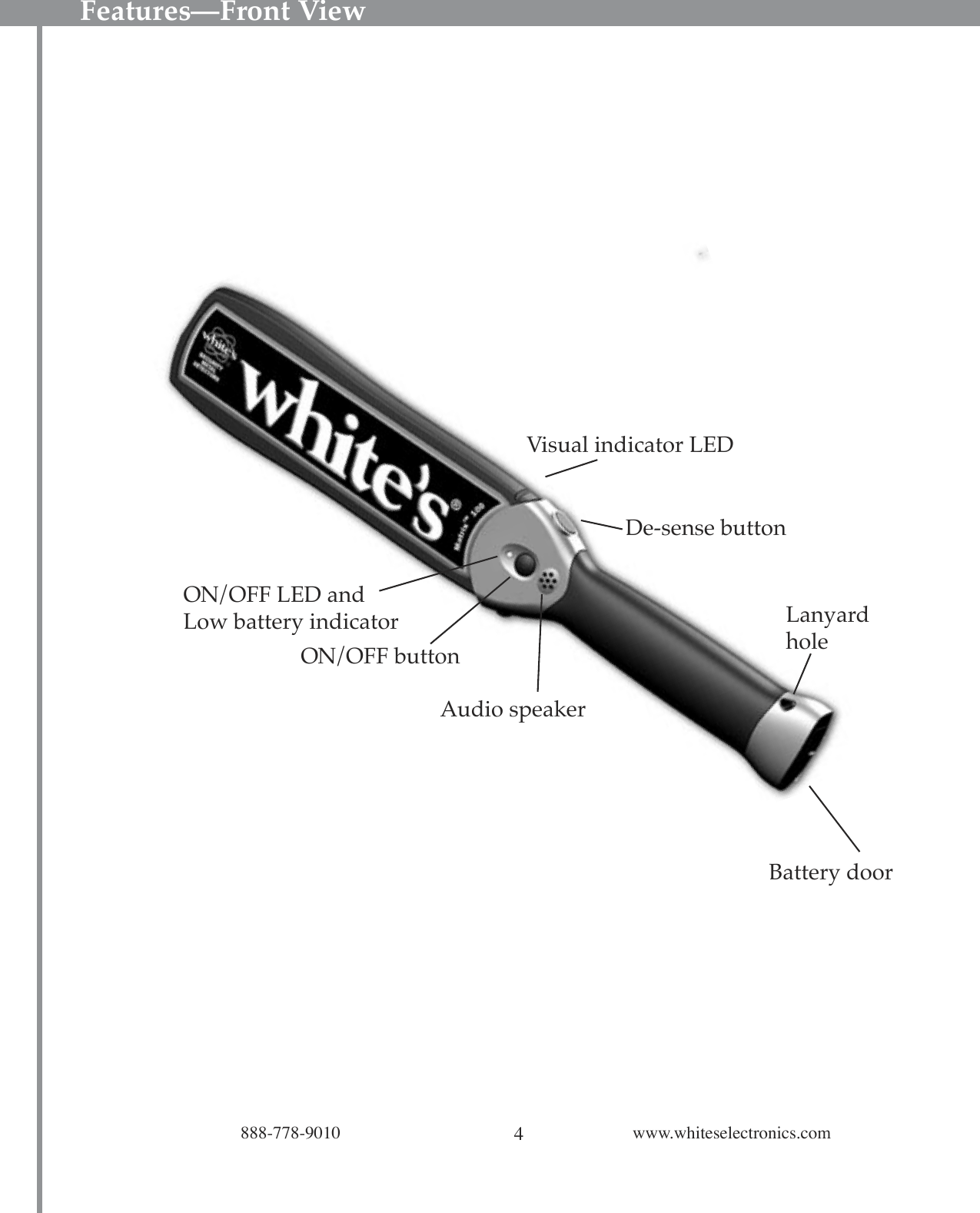 4888-778-9010 www.whiteselectronics.comFeatures—Front ViewFeatures – Back viewON/OFF buttonBattery doorDe-sense buttonVisual indicator LEDAudio speakerON/OFF LED andLow battery indicator Lanyardhole