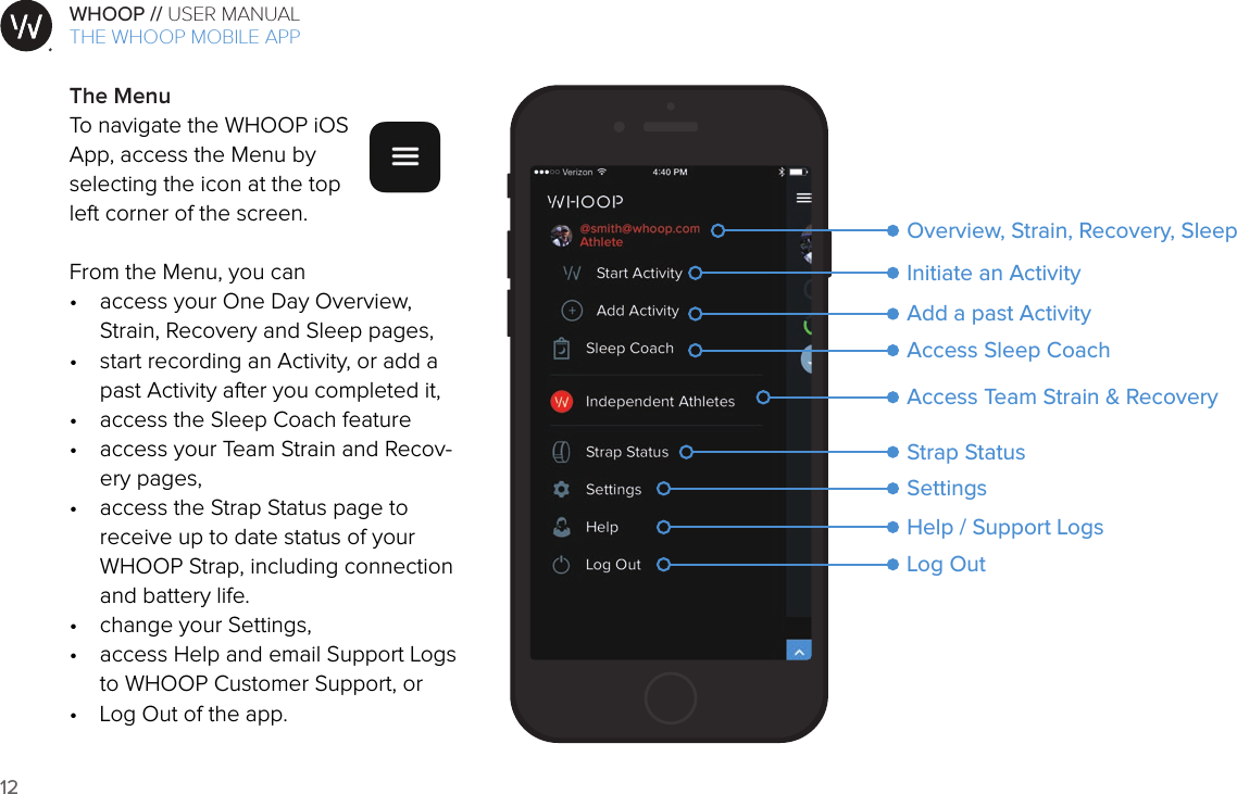 12WHOOP // USER MANUALART001ART002ART003ART007ART008ART009ART010ART011ART012The MenuTo navigate the WHOOP iOS App, access the Menu by selecting the icon at the top  left corner of the screen.From the Menu, you can •  access your One Day Overview,  Strain, Recovery and Sleep pages,•  start recording an Activity, or add a past Activity after you completed it,•  access the Sleep Coach feature•  access your Team Strain and Recov-ery pages,•  access the Strap Status page to receive up to date status of your WHOOP Strap, including connection and battery life.•  change your Settings,•  access Help and email Support Logs to WHOOP Customer Support, or•  Log Out of the app.Add a past ActivityAccess Sleep CoachAccess Team Strain &amp; RecoveryStrap Status SettingsHelp / Support LogsLog OutInitiate an ActivityOverview, Strain, Recovery, SleepTHE WHOOP MOBILE APP