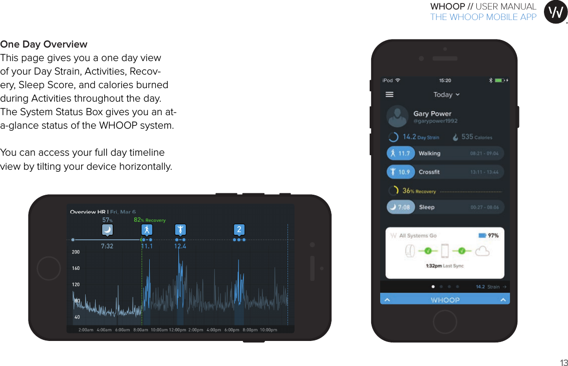 13WHOOP // USER MANUALART001ART002ART003ART007ART008ART009ART010ART011ART012One Day OverviewThis page gives you a one day view of your Day Strain, Activities, Recov-ery, Sleep Score, and calories burned during Activities throughout the day. The System Status Box gives you an at-a-glance status of the WHOOP system.You can access your full day timeline view by tilting your device horizontally.THE WHOOP MOBILE APP