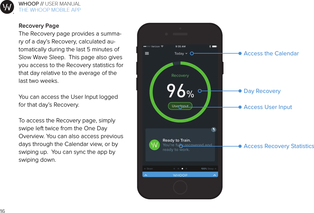 16WHOOP // USER MANUALART001ART002ART003ART007ART008ART009ART010ART011ART012Recovery PageThe Recovery page provides a summa-ry of a day’s Recovery, calculated au-tomatically during the last 5 minutes of Slow Wave Sleep.  This page also gives you access to the Recovery statistics for that day relative to the average of the last two weeks. You can access the User Input logged for that day’s Recovery.   To access the Recovery page, simply swipe left twice from the One Day Overview. You can also access previous days through the Calendar view, or by swiping up.  You can sync the app by swiping down.Day RecoveryAccess User InputAccess Recovery StatisticsAccess the CalendarTHE WHOOP MOBILE APP