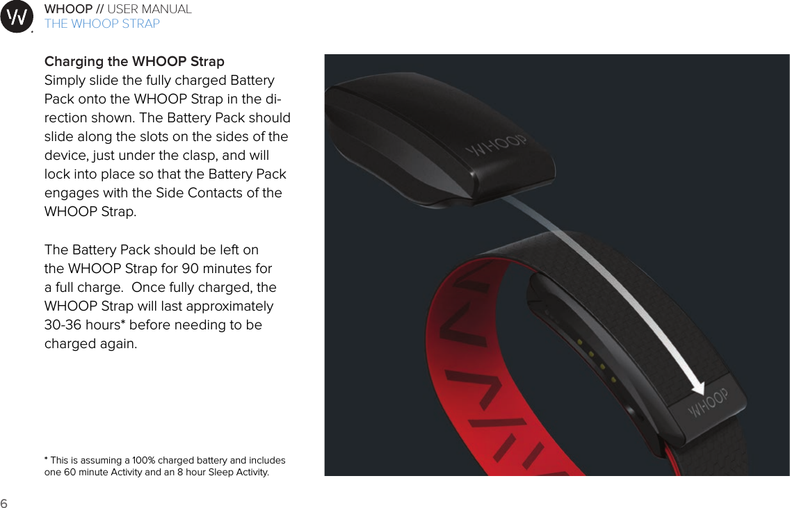 6WHOOP // USER MANUALART001ART002ART003ART007ART008ART009ART010ART011ART012Charging the WHOOP StrapSimply slide the fully charged Battery Pack onto the WHOOP Strap in the di-rection shown. The Battery Pack should slide along the slots on the sides of the device, just under the clasp, and will lock into place so that the Battery Pack engages with the Side Contacts of the WHOOP Strap.The Battery Pack should be left on the WHOOP Strap for 90 minutes for a full charge.  Once fully charged, the WHOOP Strap will last approximately 30-36 hours* before needing to be charged again.  * This is assuming a 100% charged battery and includes one 60 minute Activity and an 8 hour Sleep Activity.THE WHOOP STRAP