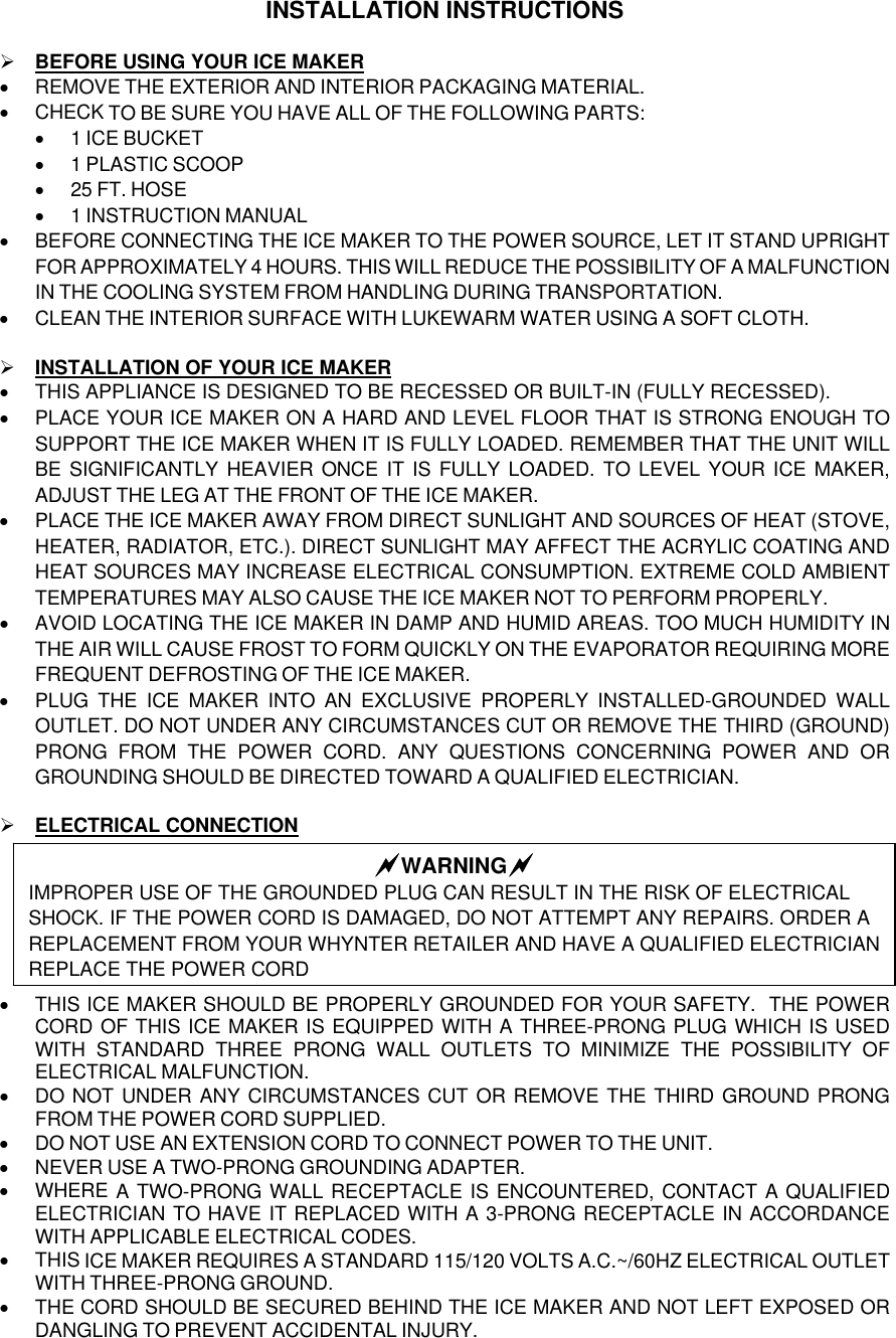 Page 4 of 9 - Whynter Whynter-Uim-155-Users-Manual Built-in Ice Maker UIM-155 Instruction Manual