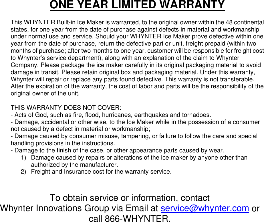 Page 9 of 9 - Whynter Whynter-Uim-155-Users-Manual Built-in Ice Maker UIM-155 Instruction Manual