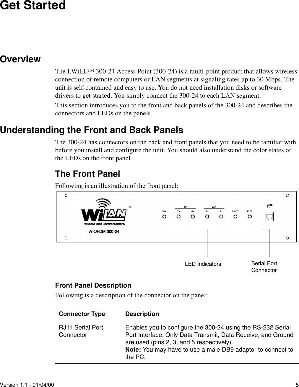 Version 1.1 - 01/04/00 5Get StartedOverviewThe I.WiLL™ 300-24 Access Point (300-24) is a multi-point product that allows wireless connection of remote computers or LAN segments at signaling rates up to 30 Mbps. The unit is self-contained and easy to use. You do not need installation disks or software drivers to get started. You simply connect the 300-24 to each LAN segment.This section introduces you to the front and back panels of the 300-24 and describes the connectors and LEDs on the panels.Understanding the Front and Back PanelsThe 300-24 has connectors on the back and front panels that you need to be familiar with before you install and configure the unit. You should also understand the color states of the LEDs on the front panel.The Front PanelFollowing is an illustration of the front panel:Front Panel DescriptionFollowing is a description of the connector on the panel:Connector Type DescriptionRJ11 Serial Port Connector Enables you to configure the 300-24 using the RS-232 Serial Port Interface. Only Data Transmit, Data Receive, and Ground are used (pins 2, 3, and 5 respectively). Note: You may have to use a male DB9 adaptor to connect to the PC.LED Indicators Serial PortConnector