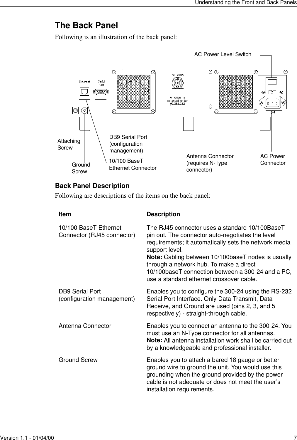 Understanding the Front and Back PanelsVersion 1.1 - 01/04/00 7The Back PanelFollowing is an illustration of the back panel:Back Panel DescriptionFollowing are descriptions of the items on the back panel:Item Description10/100 BaseT Ethernet Connector (RJ45 connector) The RJ45 connector uses a standard 10/100BaseT pin out. The connector auto-negotiates the level requirements; it automatically sets the network media support level.Note: Cabling between 10/100baseT nodes is usually through a network hub. To make a direct 10/100baseT connection between a 300-24 and a PC, use a standard ethernet crossover cable.DB9 Serial Port(configuration management) Enables you to configure the 300-24 using the RS-232 Serial Port Interface. Only Data Transmit, Data Receive, and Ground are used (pins 2, 3, and 5 respectively) - straight-through cable.Antenna Connector Enables you to connect an antenna to the 300-24. You must use an N-Type connector for all antennas.Note: All antenna installation work shall be carried out by a knowledgeable and professional installer.Ground Screw Enables you to attach a bared 18 gauge or better ground wire to ground the unit. You would use this grounding when the ground provided by the power cable is not adequate or does not meet the user’s installation requirements.10/100 BaseTEthernet ConnectorDB9 Serial Port(configuration management) Antenna Connector(requires N-Type connector)AC Power ConnectorAC Power Level SwitchAttachingScrewGroundScrew