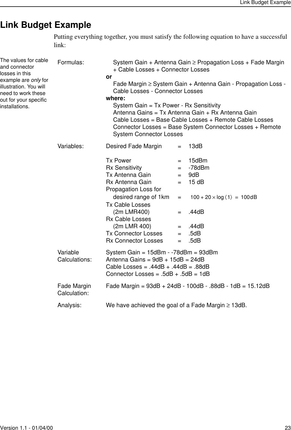 Link Budget ExampleVersion 1.1 - 01/04/00 23Link Budget ExamplePutting everything together, you must satisfy the following equation to have a successful link:Formulas: System Gain + Antenna Gain ≥ Propagation Loss + Fade Margin + Cable Losses + Connector Lossesor Fade Margin ≥ System Gain + Antenna Gain - Propagation Loss - Cable Losses - Connector Losseswhere:System Gain = Tx Power - Rx SensitivityAntenna Gains = Tx Antenna Gain + Rx Antenna GainCable Losses = Base Cable Losses + Remote Cable LossesConnector Losses = Base System Connector Losses + Remote System Connector LossesVariables: Desired Fade Margin = 13dBTx Power = 15dBmRx Sensitivity = -78dBmTx Antenna Gain = 9dBRx Antenna Gain = 15 dBPropagation Loss for desired range of 1km  =Tx Cable Losses (2m LMR400) = .44dBRx Cable Losses(2m LMR 400) = .44dBTx Connector Losses = .5dBRx Connector Losses = .5dBVariable Calculations: System Gain = 15dBm - -78dBm = 93dBmAntenna Gains = 9dB + 15dB = 24dBCable Losses = .44dB + .44dB = .88dBConnector Losses = .5dB + .5dB = 1dBFade Margin Calculation: Fade Margin = 93dB + 24dB - 100dB - .88dB - 1dB = 15.12dBAnalysis: We have achieved the goal of a Fade Margin ≥ 13dB.The values for cable and connector losses in this example are only for illustration. You will need to work these out for your specific installations.100 20 1⟨⟩log×+100dB=