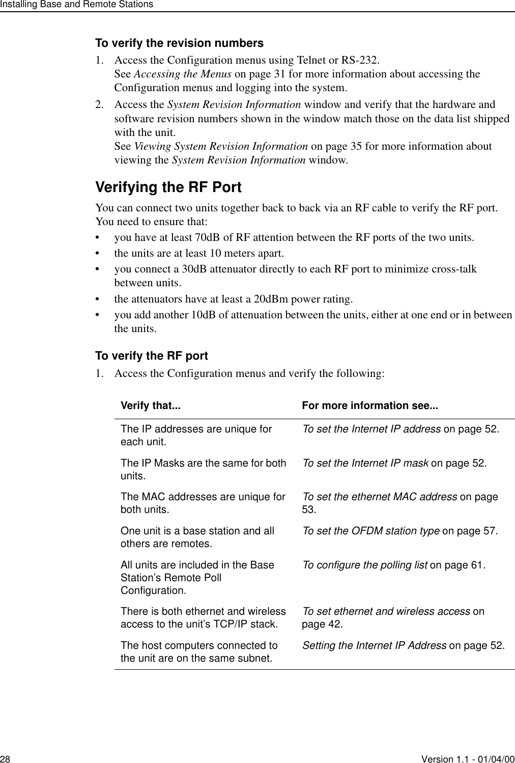 Installing Base and Remote Stations28 Version 1.1 - 01/04/00To verify the revision numbers1. Access the Configuration menus using Telnet or RS-232. See Accessing the Menus on page 31 for more information about accessing the Configuration menus and logging into the system.2. Access the System Revision Information window and verify that the hardware and software revision numbers shown in the window match those on the data list shipped with the unit. See Viewing System Revision Information on page 35 for more information about viewing the System Revision Information window.Verifying the RF PortYou can connect two units together back to back via an RF cable to verify the RF port. You need to ensure that:• you have at least 70dB of RF attention between the RF ports of the two units.• the units are at least 10 meters apart.• you connect a 30dB attenuator directly to each RF port to minimize cross-talk between units.• the attenuators have at least a 20dBm power rating.• you add another 10dB of attenuation between the units, either at one end or in between the units.To verify the RF port1. Access the Configuration menus and verify the following:Verify that... For more information see...The IP addresses are unique for each unit. To set the Internet IP address on page 52.The IP Masks are the same for both units. To set the Internet IP mask on page 52.The MAC addresses are unique for both units. To set the ethernet MAC address on page 53.One unit is a base station and all others are remotes. To set the OFDM station type on page 57.All units are included in the Base Station’s Remote Poll Configuration.To configure the polling list on page 61.There is both ethernet and wireless access to the unit’s TCP/IP stack. To set ethernet and wireless access on page 42.The host computers connected to the unit are on the same subnet. Setting the Internet IP Address on page 52.