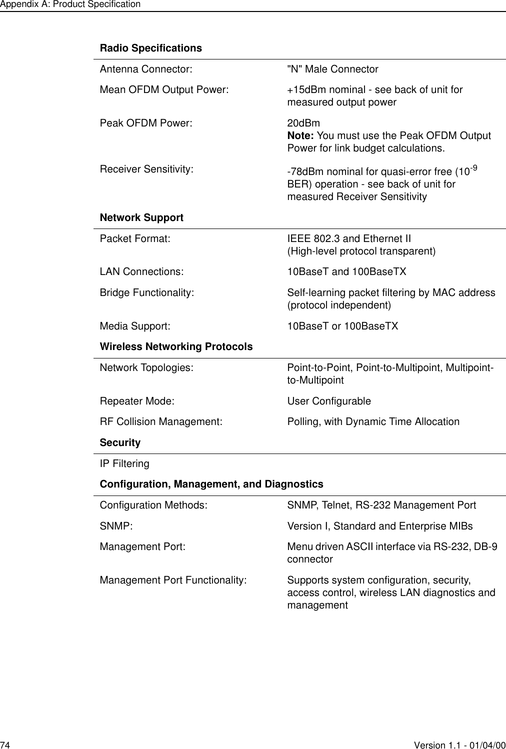Appendix A: Product Specification74 Version 1.1 - 01/04/00Radio SpecificationsAntenna Connector: &quot;N&quot; Male ConnectorMean OFDM Output Power: +15dBm nominal - see back of unit for measured output powerPeak OFDM Power: 20dBmNote: You must use the Peak OFDM Output Power for link budget calculations.Receiver Sensitivity: -78dBm nominal for quasi-error free (10-9 BER) operation - see back of unit for measured Receiver SensitivityNetwork SupportPacket Format: IEEE 802.3 and Ethernet II(High-level protocol transparent)LAN Connections: 10BaseT and 100BaseTXBridge Functionality: Self-learning packet filtering by MAC address (protocol independent)Media Support: 10BaseT or 100BaseTXWireless Networking ProtocolsNetwork Topologies: Point-to-Point, Point-to-Multipoint, Multipoint-to-MultipointRepeater Mode: User ConfigurableRF Collision Management: Polling, with Dynamic Time AllocationSecurityIP FilteringConfiguration, Management, and DiagnosticsConfiguration Methods: SNMP, Telnet, RS-232 Management PortSNMP: Version I, Standard and Enterprise MIBsManagement Port: Menu driven ASCII interface via RS-232, DB-9 connectorManagement Port Functionality: Supports system configuration, security, access control, wireless LAN diagnostics and management