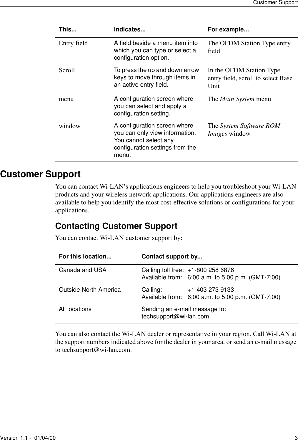 Customer SupportVersion 1.1 -  01/04/00 3Customer SupportYou can contact Wi-LAN’s applications engineers to help you troubleshoot your Wi-LAN products and your wireless network applications. Our applications engineers are also available to help you identify the most cost-effective solutions or configurations for your applications.Contacting Customer SupportYou can contact Wi-LAN customer support by:You can also contact the Wi-LAN dealer or representative in your region. Call Wi-LAN at the support numbers indicated above for the dealer in your area, or send an e-mail message to techsupport@wi-lan.com.Entry field A field beside a menu item into which you can type or select a configuration option.The OFDM Station Type entry fieldScroll To press the up and down arrow keys to move through items in an active entry field.In the OFDM Station Type entry field, scroll to select Base Unitmenu A configuration screen where you can select and apply a configuration setting.The Main System menuwindow A configuration screen where you can only view information. You cannot select any configuration settings from the menu.The System Software ROM Images windowThis... Indicates... For example...For this location... Contact support by...Canada and USA Calling toll free: +1-800 258 6876Available from: 6:00 a.m. to 5:00 p.m. (GMT-7:00)Outside North America Calling: +1-403 273 9133Available from: 6:00 a.m. to 5:00 p.m. (GMT-7:00)All locations Sending an e-mail message to: techsupport@wi-lan.com