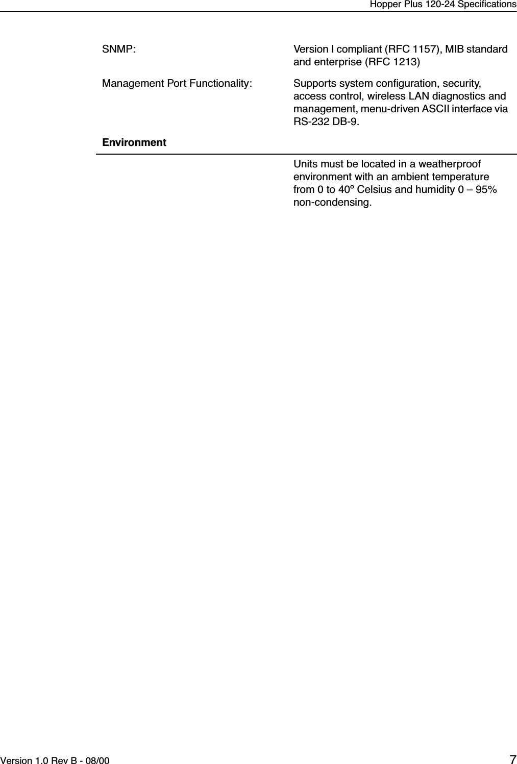  Hopper Plus 120-24 SpecificationsVersion 1.0 Rev B - 08/00 7 SNMP: Version I compliant (RFC 1157), MIB standard and enterprise (RFC 1213)Management Port Functionality: Supports system conﬁguration, security, access control, wireless LAN diagnostics and management, menu-driven ASCII interface via RS-232 DB-9. Environment  Units must be located in a weatherproof environment with an ambient temperature from 0 to 40º Celsius and humidity 0 – 95% non-condensing.