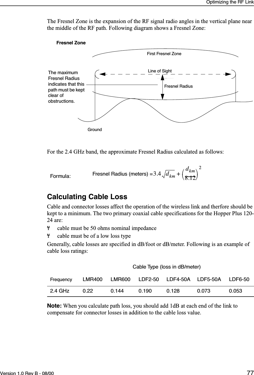 Optimizing the RF LinkVersion 1.0 Rev B - 08/00 77The Fresnel Zone is the expansion of the RF signal radio angles in the vertical plane near the middle of the RF path. Following diagram shows a Fresnel Zone:For the 2.4 GHz band, the approximate Fresnel Radius calculated as follows:Calculating Cable LossCable and connector losses affect the operation of the wireless link and therfore should be kept to a minimum. The two primary coaxial cable specifications for the Hopper Plus 120-24 are:¥ cable must be 50 ohms nominal impedance¥ cable must be of a low loss typeGenerally, cable losses are specified in dB/foot or dB/meter. Following is an example of cable loss ratings:Note: When you calculate path loss, you should add 1dB at each end of the link to compensate for connector losses in addition to the cable loss value.Formula: Fresnel Radius (meters) =  Cable Type (loss in dB/meter)Frequency LMR400 LMR600 LDF2-50 LDF4-50A LDF5-50A LDF6-502.4 GHz 0.22 0.144 0.190 0.128 0.073 0.053First Fresnel ZoneLine of SightFresnel RadiusGroundThe maximum Fresnel Radius indicates that this path must be kept clear of obstructions.Fresnel Zone3.4 dkmdkm8.12----------2+