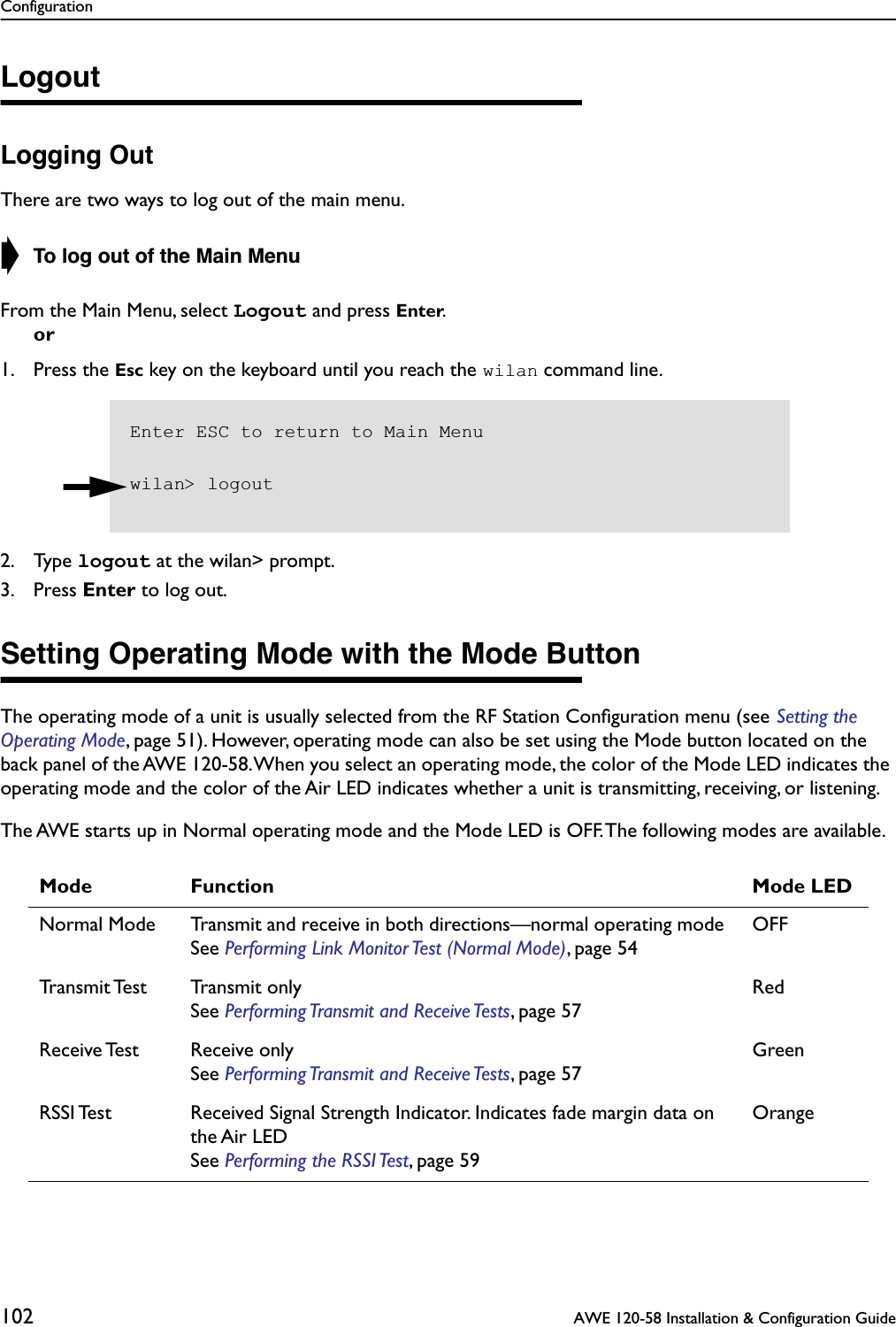 Configuration102  AWE 120-58 Installation &amp; Configuration GuideLogoutLogging OutThere are two ways to log out of the main menu.➧ To log out of the Main MenuFrom the Main Menu, select Logout and press Enter.or1. Press the Esc key on the keyboard until you reach the wilan command line.2. Type logout at the wilan&gt; prompt.3. Press Enter to log out.Setting Operating Mode with the Mode ButtonThe operating mode of a unit is usually selected from the RF Station Conﬁguration menu (see Setting the Operating Mode, page 51). However, operating mode can also be set using the Mode button located on the back panel of the AWE 120-58. When you select an operating mode, the color of the Mode LED indicates the operating mode and the color of the Air LED indicates whether a unit is transmitting, receiving, or listening.The AWE starts up in Normal operating mode and the Mode LED is OFF. The following modes are available.Mode Function Mode LEDNormal Mode Transmit and receive in both directions—normal operating mode See Performing Link Monitor Test (Normal Mode), page 54OFFTransmit Test Transmit  onlySee Performing Transmit and Receive Tests, page 57RedReceive Test Receive onlySee Performing Transmit and Receive Tests, page 57GreenRSSI Test Received Signal Strength Indicator. Indicates fade margin data on the Air LEDSee Performing the RSSI Test, page 59OrangeEnter ESC to return to Main Menuwilan&gt; logout