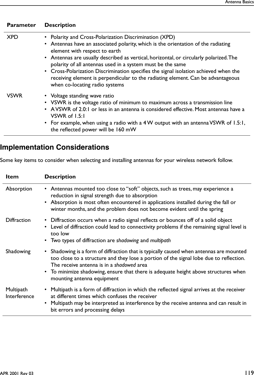 Antenna BasicsAPR 2001 Rev 03 119Implementation ConsiderationsSome key items to consider when selecting and installing antennas for your wireless network follow.XPD • Polarity and Cross-Polarization Discrimination (XPD)• Antennas have an associated polarity, which is the orientation of the radiating element with respect to earth• Antennas are usually described as vertical, horizontal, or circularly polarized. The polarity of all antennas used in a system must be the same• Cross-Polarization Discrimination speciﬁes the signal isolation achieved when the receiving element is perpendicular to the radiating element. Can be advantageous when co-locating radio systemsVSWR • Voltage standing wave ratio• VSWR is the voltage ratio of minimum to maximum across a transmission line• A VSWR of 2.0:1 or less in an antenna is considered effective. Most antennas have a VSWR of 1.5:1• For example, when using a radio with a 4 W output with an antenna VSWR of 1.5:1, the reﬂected power will be 160 mWItem DescriptionAbsorption • Antennas mounted too close to “soft” objects, such as trees, may experience a reduction in signal strength due to absorption• Absorption is most often encountered in applications installed during the fall or winter months, and the problem does not become evident until the springDiffraction • Diffraction occurs when a radio signal reﬂects or bounces off of a solid object• Level of diffraction could lead to connectivity problems if the remaining signal level is too low• Two types of diffraction are shadowing and multipathShadowing • Shadowing is a form of diffraction that is typically caused when antennas are mounted too close to a structure and they lose a portion of the signal lobe due to reﬂection. The receive antenna is in a shadowed area• To minimize shadowing, ensure that there is adequate height above structures when mounting antenna equipmentMultipath Interference• Multipath is a form of diffraction in which the reﬂected signal arrives at the receiver at different times which confuses the receiver• Multipath may be interpreted as interference by the receive antenna and can result in bit errors and processing delaysParameter Description