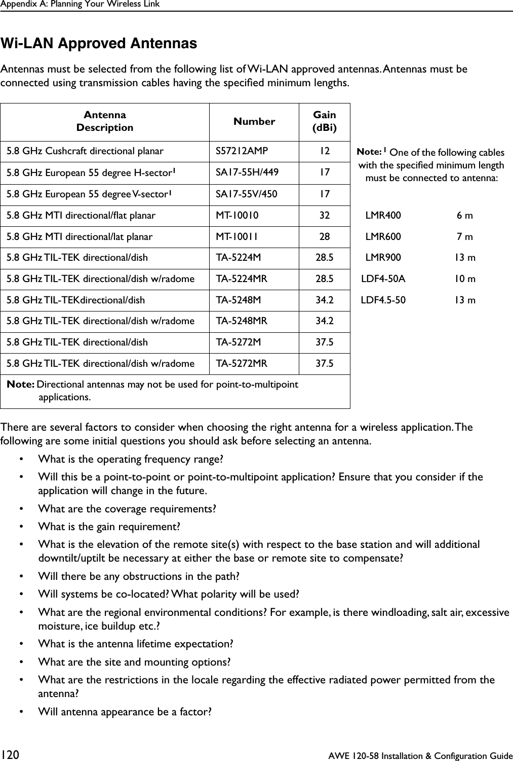 Appendix A: Planning Your Wireless Link120  AWE 120-58 Installation &amp; Configuration GuideWi-LAN Approved AntennasAntennas must be selected from the following list of Wi-LAN approved antennas. Antennas must be connected using transmission cables having the speciﬁed minimum lengths.There are several factors to consider when choosing the right antenna for a wireless application. The following are some initial questions you should ask before selecting an antenna.• What is the operating frequency range?• Will this be a point-to-point or point-to-multipoint application? Ensure that you consider if the application will change in the future.• What are the coverage requirements?• What is the gain requirement?• What is the elevation of the remote site(s) with respect to the base station and will additional downtilt/uptilt be necessary at either the base or remote site to compensate?• Will there be any obstructions in the path?• Will systems be co-located? What polarity will be used?• What are the regional environmental conditions? For example, is there windloading, salt air, excessive moisture, ice buildup etc.?• What is the antenna lifetime expectation?• What are the site and mounting options?• What are the restrictions in the locale regarding the effective radiated power permitted from the antenna?• Will antenna appearance be a factor?AntennaDescription Number Gain (dBi)5.8 GHz Cushcraft directional planar S57212AMP 12 Note: 1 One of the following cables with the speciﬁed minimum length must be connected to antenna:5.8 GHz European 55 degree H-sector1SA17-55H/449 175.8 GHz European 55 degree V-sector1SA17-55V/450 175.8 GHz MTI directional/ﬂat planar MT-10010 32 LMR400 6 m5.8 GHz MTI directional/lat planar MT-10011 28 LMR600 7 m5.8 GHz TIL-TEK directional/dish TA-5224M 28.5 LMR900 13 m5.8 GHz TIL-TEK directional/dish w/radome TA-5224MR 28.5 LDF4-50A 10 m5.8 GHz TIL-TEKdirectional/dish TA-5248M 34.2 LDF4.5-50 13 m5.8 GHz TIL-TEK directional/dish w/radome TA-5248MR 34.25.8 GHz TIL-TEK directional/dish TA-5272M 37.55.8 GHz TIL-TEK directional/dish w/radome TA-5272MR 37.5Note: Directional antennas may not be used for point-to-multipoint applications.