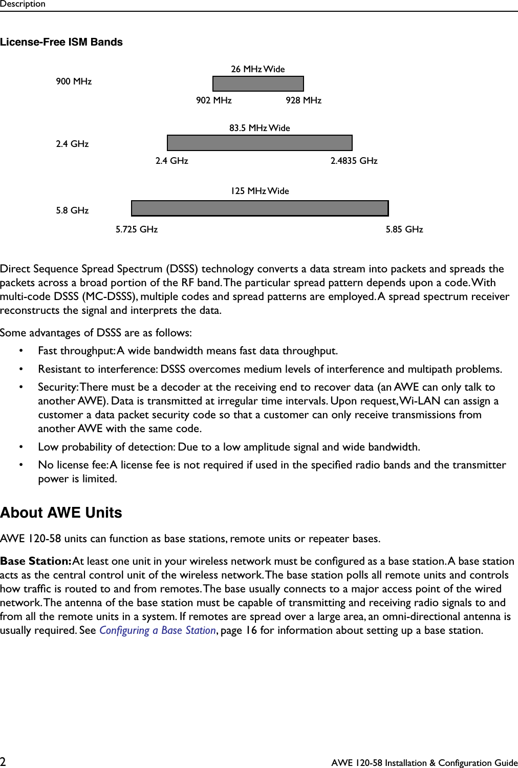  Description 2  AWE 120-58 Installation &amp; Configuration Guide License-Free ISM Bands Direct Sequence Spread Spectrum (DSSS) technology converts a data stream into packets and spreads the packets across a broad portion of the RF band. The particular spread pattern depends upon a code. With multi-code DSSS (MC-DSSS), multiple codes and spread patterns are employed. A spread spectrum receiver reconstructs the signal and interprets the data. Some advantages of DSSS are as follows:• Fast throughput: A wide bandwidth means fast data throughput.• Resistant to interference: DSSS overcomes medium levels of interference and multipath problems.• Security: There must be a decoder at the receiving end to recover data (an AWE can only talk to another AWE). Data is transmitted at irregular time intervals. Upon request, Wi-LAN can assign a customer a data packet security code so that a customer can only receive transmissions from another AWE with the same code.• Low probability of detection: Due to a low amplitude signal and wide bandwidth.• No license fee: A license fee is not required if used in the speciﬁed radio bands and the transmitter power is limited. About AWE Units AWE 120-58 units can function as base stations, remote units or repeater bases. Base Station:  At least one unit in your wireless network must be conﬁgured as a base station. A base station acts as the central control unit of the wireless network. The base station polls all remote units and controls how trafﬁc is routed to and from remotes. The base usually connects to a major access point of the wired network. The antenna of the base station must be capable of transmitting and receiving radio signals to and from all the remote units in a system. If remotes are spread over a large area, an omni-directional antenna is usually required. See  Conﬁguring a Base Station , page 16 for information about setting up a base station.900 MHz 2.4 GHz5.8 GHz26 MHz Wide83.5 MHz Wide125 MHz Wide902 MHz 928 MHz2.4 GHz 2.4835 GHz5.725 GHz 5.85 GHz