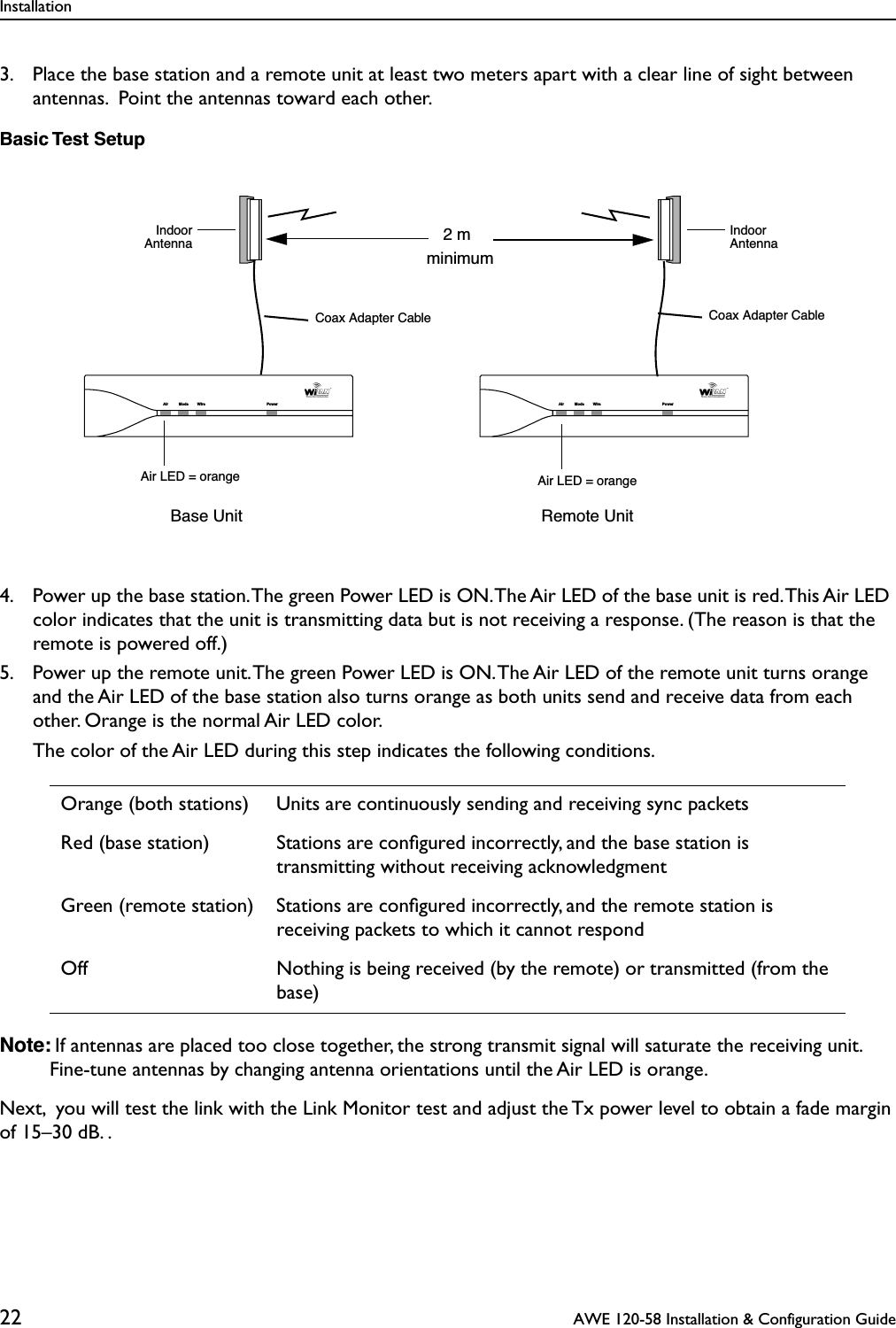 Installation22  AWE 120-58 Installation &amp; Configuration Guide3. Place the base station and a remote unit at least two meters apart with a clear line of sight between antennas.  Point the antennas toward each other.Basic Test Setup4. Power up the base station. The green Power LED is ON. The Air LED of the base unit is red. This Air LED color indicates that the unit is transmitting data but is not receiving a response. (The reason is that the remote is powered off.)5. Power up the remote unit. The green Power LED is ON. The Air LED of the remote unit turns orange and the Air LED of the base station also turns orange as both units send and receive data from each other. Orange is the normal Air LED color.The color of the Air LED during this step indicates the following conditions.Note: If antennas are placed too close together, the strong transmit signal will saturate the receiving unit. Fine-tune antennas by changing antenna orientations until the Air LED is orange.Next,  you will test the link with the Link Monitor test and adjust the Tx power level to obtain a fade marginof 15–30 dB. .Orange (both stations) Units are continuously sending and receiving sync packetsRed (base station) Stations are conﬁgured incorrectly, and the base station is transmitting without receiving acknowledgmentGreen (remote station) Stations are conﬁgured incorrectly, and the remote station is receiving packets to which it cannot respondOff Nothing is being received (by the remote) or transmitted (from the base)2 mminimumAir LED = orangeBase Unit Remote UnitAir LED = orangeIndoorAntennaIndoorAntennaAir Mode Wire Power Air Mode Wire PowerCoax Adapter CableCoax Adapter Cable