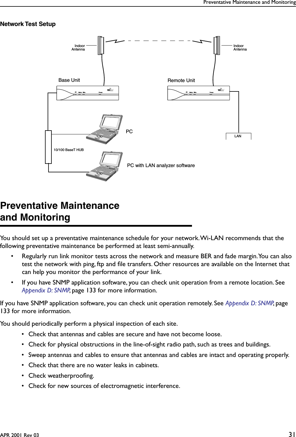 Preventative Maintenance and MonitoringAPR 2001 Rev 03 31Network Test SetupPreventative Maintenanceand MonitoringYou should set up a preventative maintenance schedule for your network. Wi-LAN recommends that the following preventative maintenance be performed at least semi-annually. • Regularly run link monitor tests across the network and measure BER and fade margin. You can also test the network with ping, ftp and ﬁle transfers. Other resources are available on the Internet that can help you monitor the performance of your link.• If you have SNMP application software, you can check unit operation from a remote location. See Appendix D: SNMP, page 133 for more information.If you have SNMP application software, you can check unit operation remotely. See Appendix D: SNMP, page 133 for more information.You should periodically perform a physical inspection of each site. • Check that antennas and cables are secure and have not become loose. • Check for physical obstructions in the line-of-sight radio path, such as trees and buildings. • Sweep antennas and cables to ensure that antennas and cables are intact and operating properly. • Check that there are no water leaks in cabinets. • Check weatherprooﬁng. • Check for new sources of electromagnetic interference.IndoorAntennaIndoorAntennaBase Unit Remote UnitLAN10/100 BaseT HUBPC with LAN analyzer softwarePCAir Mode Wire Power Air Mode Wire Power