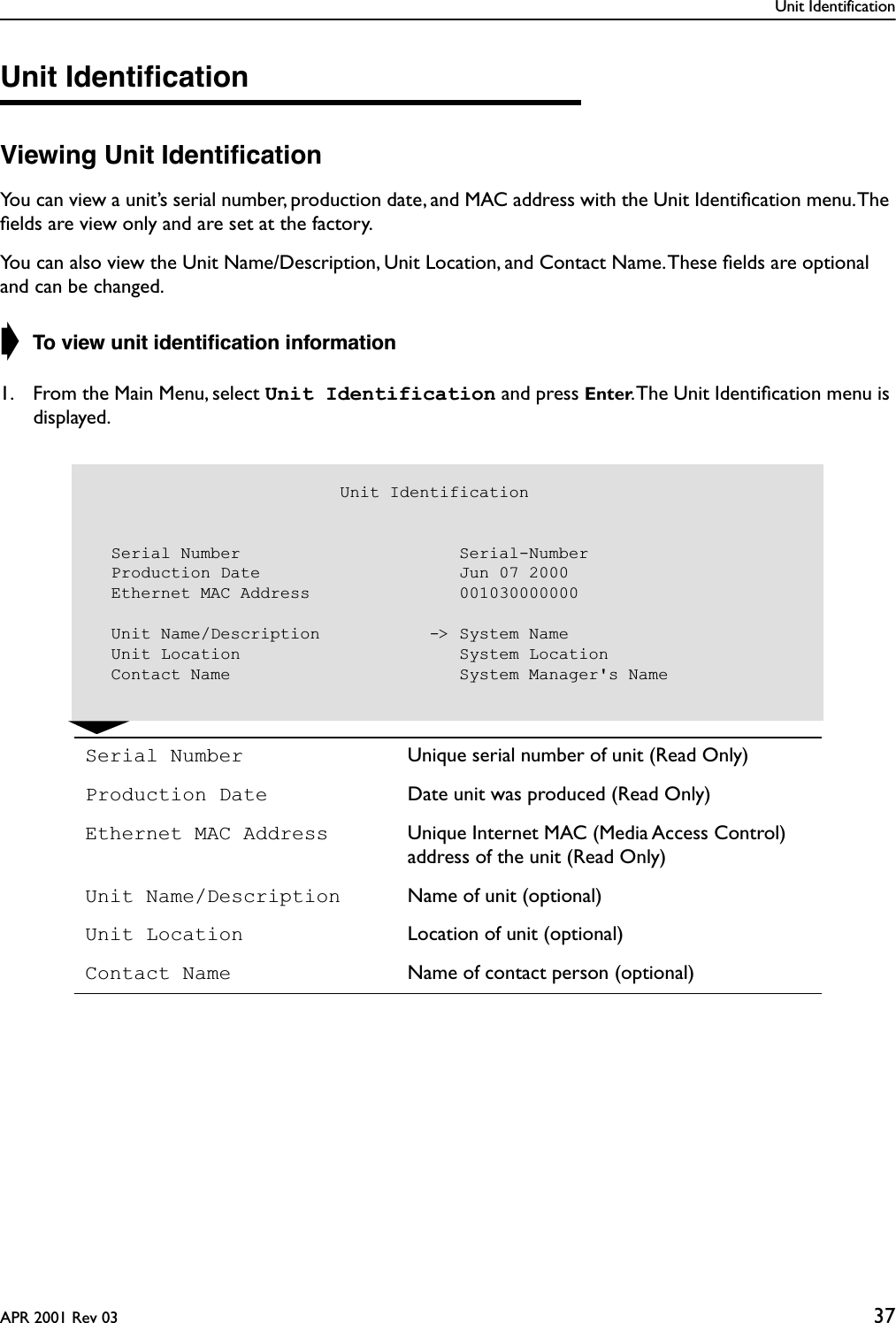 Unit IdentificationAPR 2001 Rev 03 37Unit IdentiﬁcationViewing Unit IdentiﬁcationYou can view a unit’s serial number, production date, and MAC address with the Unit Identiﬁcation menu. The ﬁelds are view only and are set at the factory. You can also view the Unit Name/Description, Unit Location, and Contact Name. These ﬁelds are optional and can be changed.➧ To view unit identiﬁcation information1. From the Main Menu, select Unit Identification and press Enter. The Unit Identiﬁcation menu is displayed. Serial Number Unique serial number of unit (Read Only)Production Date Date unit was produced (Read Only)Ethernet MAC Address Unique Internet MAC (Media Access Control) address of the unit (Read Only)Unit Name/Description Name of unit (optional)Unit Location Location of unit (optional)Contact Name Name of contact person (optional)                         Unit Identification  Serial Number                      Serial-Number  Production Date                    Jun 07 2000  Ethernet MAC Address               001030000000  Unit Name/Description           -&gt; System Name  Unit Location                      System Location  Contact Name                       System Manager&apos;s Name