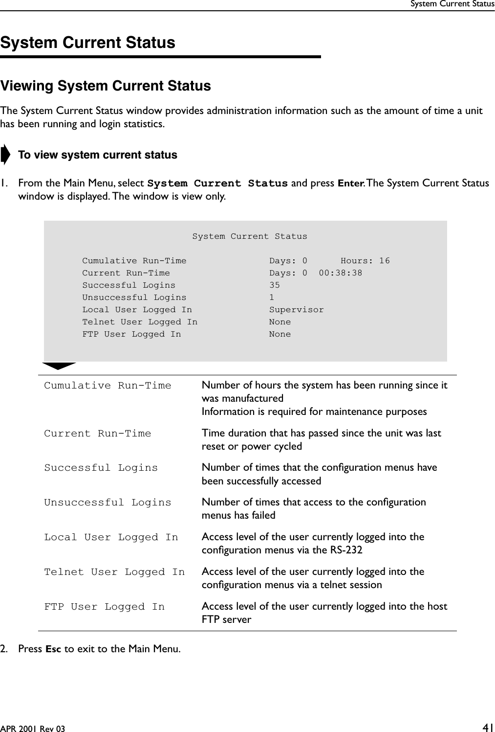 System Current StatusAPR 2001 Rev 03 41System Current StatusViewing System Current StatusThe System Current Status window provides administration information such as the amount of time a unit has been running and login statistics.➧ To view system current status1. From the Main Menu, select System Current Status and press Enter. The System Current Status window is displayed. The window is view only.2. Press Esc to exit to the Main Menu.Cumulative Run-Time Number of hours the system has been running since it was manufacturedInformation is required for maintenance purposesCurrent Run-Time Time duration that has passed since the unit was last reset or power cycledSuccessful Logins Number of times that the conﬁguration menus have been successfully accessedUnsuccessful Logins Number of times that access to the conﬁguration menus has failedLocal User Logged In Access level of the user currently logged into the conﬁguration menus via the RS-232Telnet User Logged In Access level of the user currently logged into the conﬁguration menus via a telnet sessionFTP User Logged In Access level of the user currently logged into the host FTP server                         System Current Status     Cumulative Run-Time               Days: 0      Hours: 16     Current Run-Time                  Days: 0  00:38:38     Successful Logins                 35     Unsuccessful Logins               1     Local User Logged In              Supervisor     Telnet User Logged In             None     FTP User Logged In                None