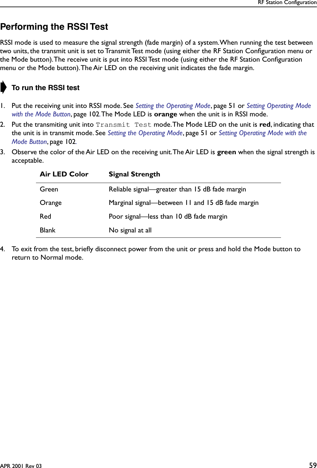 RF Station ConfigurationAPR 2001 Rev 03 59Performing the RSSI TestRSSI mode is used to measure the signal strength (fade margin) of a system. When running the test between two units, the transmit unit is set to Transmit Test mode (using either the RF Station Conﬁguration menu or the Mode button). The receive unit is put into RSSI Test mode (using either the RF Station Conﬁguration menu or the Mode button). The Air LED on the receiving unit indicates the fade margin.➧ To run the RSSI test1. Put the receiving unit into RSSI mode. See Setting the Operating Mode, page 51 or Setting Operating Mode with the Mode Button, page 102. The Mode LED is orange when the unit is in RSSI mode.2. Put the transmiting unit into Transmit Test mode. The Mode LED on the unit is red, indicating that the unit is in transmit mode. See Setting the Operating Mode, page 51 or Setting Operating Mode with the Mode Button, page 102.3. Observe the color of the Air LED on the receiving unit. The Air LED is green when the signal strength is acceptable.4. To exit from the test, brieﬂy disconnect power from the unit or press and hold the Mode button to return to Normal mode.Air LED Color Signal StrengthGreen Reliable signal—greater than 15 dB fade marginOrange Marginal signal—between 11 and 15 dB fade marginRed Poor signal—less than 10 dB fade marginBlank No signal at all