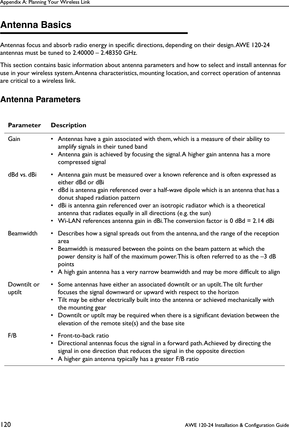 Appendix A: Planning Your Wireless Link120  AWE 120-24 Installation &amp; Configuration GuideAntenna BasicsAntennas focus and absorb radio energy in speciﬁc directions, depending on their design. AWE 120-24 antennas must be tuned to 2.40000 – 2.48350 GHz.This section contains basic information about antenna parameters and how to select and install antennas for use in your wireless system. Antenna characteristics, mounting location, and correct operation of antennas are critical to a wireless link.Antenna ParametersParameter DescriptionGain • Antennas have a gain associated with them, which is a measure of their ability to amplify signals in their tuned band• Antenna gain is achieved by focusing the signal. A higher gain antenna has a more compressed signaldBd vs. dBi • Antenna gain must be measured over a known reference and is often expressed as either dBd or dBi• dBd is antenna gain referenced over a half-wave dipole which is an antenna that has a donut shaped radiation pattern• dBi is antenna gain referenced over an isotropic radiator which is a theoretical antenna that radiates equally in all directions (e.g. the sun)• Wi-LAN references antenna gain in dBi. The conversion factor is 0 dBd = 2.14 dBiBeamwidth • Describes how a signal spreads out from the antenna, and the range of the reception area• Beamwidth is measured between the points on the beam pattern at which the power density is half of the maximum power. This is often referred to as the –3 dB points• A high gain antenna has a very narrow beamwidth and may be more difﬁcult to alignDowntilt or uptilt• Some antennas have either an associated downtilt or an uptilt. The tilt further focuses the signal downward or upward with respect to the horizon• Tilt may be either electrically built into the antenna or achieved mechanically with the mounting gear• Downtilt or uptilt may be required when there is a signiﬁcant deviation between the elevation of the remote site(s) and the base siteF/B • Front-to-back ratio• Directional antennas focus the signal in a forward path. Achieved by directing the signal in one direction that reduces the signal in the opposite direction• A higher gain antenna typically has a greater F/B ratio