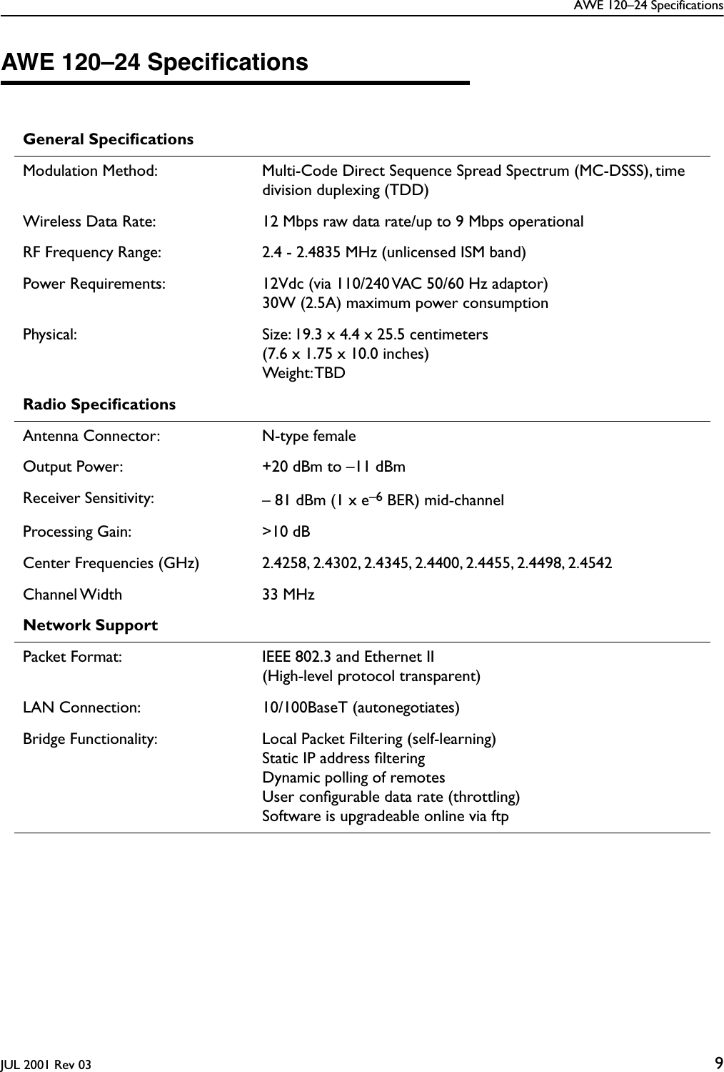 AWE 120–24 SpecificationsJUL 2001 Rev 03 9AWE 120–24 SpeciﬁcationsGeneral SpeciﬁcationsModulation Method: Multi-Code Direct Sequence Spread Spectrum (MC-DSSS), time division duplexing (TDD)Wireless Data Rate: 12 Mbps raw data rate/up to 9 Mbps operationalRF Frequency Range: 2.4 - 2.4835 MHz (unlicensed ISM band)Power Requirements: 12Vdc (via 110/240 VAC 50/60 Hz adaptor)30W (2.5A) maximum power consumptionPhysical: Size: 19.3 x 4.4 x 25.5 centimeters(7.6 x 1.75 x 10.0 inches)Weight: TBDRadio SpeciﬁcationsAntenna Connector: N-type femaleOutput Power: +20 dBm to –11 dBmReceiver Sensitivity: – 81 dBm (1 x e–6 BER) mid-channelProcessing Gain: &gt;10 dBCenter Frequencies (GHz) 2.4258, 2.4302, 2.4345, 2.4400, 2.4455, 2.4498, 2.4542Channel Width 33  MHzNetwork SupportPacket Format: IEEE 802.3 and Ethernet II(High-level protocol transparent)LAN Connection: 10/100BaseT (autonegotiates)Bridge Functionality: Local Packet Filtering (self-learning)Static IP address ﬁlteringDynamic polling of remotesUser conﬁgurable data rate (throttling)Software is upgradeable online via ftp