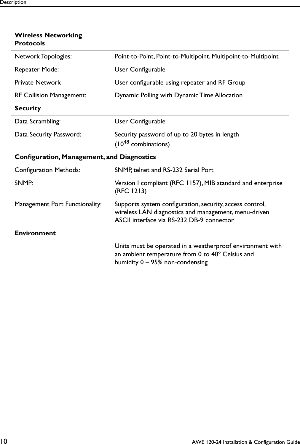 Description10  AWE 120-24 Installation &amp; Configuration GuideWireless Networking ProtocolsNetwork Topologies: Point-to-Point, Point-to-Multipoint, Multipoint-to-MultipointRepeater Mode: User ConﬁgurablePrivate Network User conﬁgurable using repeater and RF GroupRF Collision Management: Dynamic Polling with Dynamic Time AllocationSecurityData Scrambling: User ConﬁgurableData Security Password: Security password of up to 20 bytes in length(1048 combinations)Conﬁguration, Management, and DiagnosticsConﬁguration Methods: SNMP, telnet and RS-232 Serial PortSNMP: Version I compliant (RFC 1157), MIB standard and enterprise (RFC 1213)Management Port Functionality: Supports system conﬁguration, security, access control, wireless LAN diagnostics and management, menu-driven ASCII interface via RS-232 DB-9 connectorEnvironment  Units must be operated in a weatherproof environment with an ambient temperature from 0 to 40º Celsius and humidity 0 – 95% non-condensing