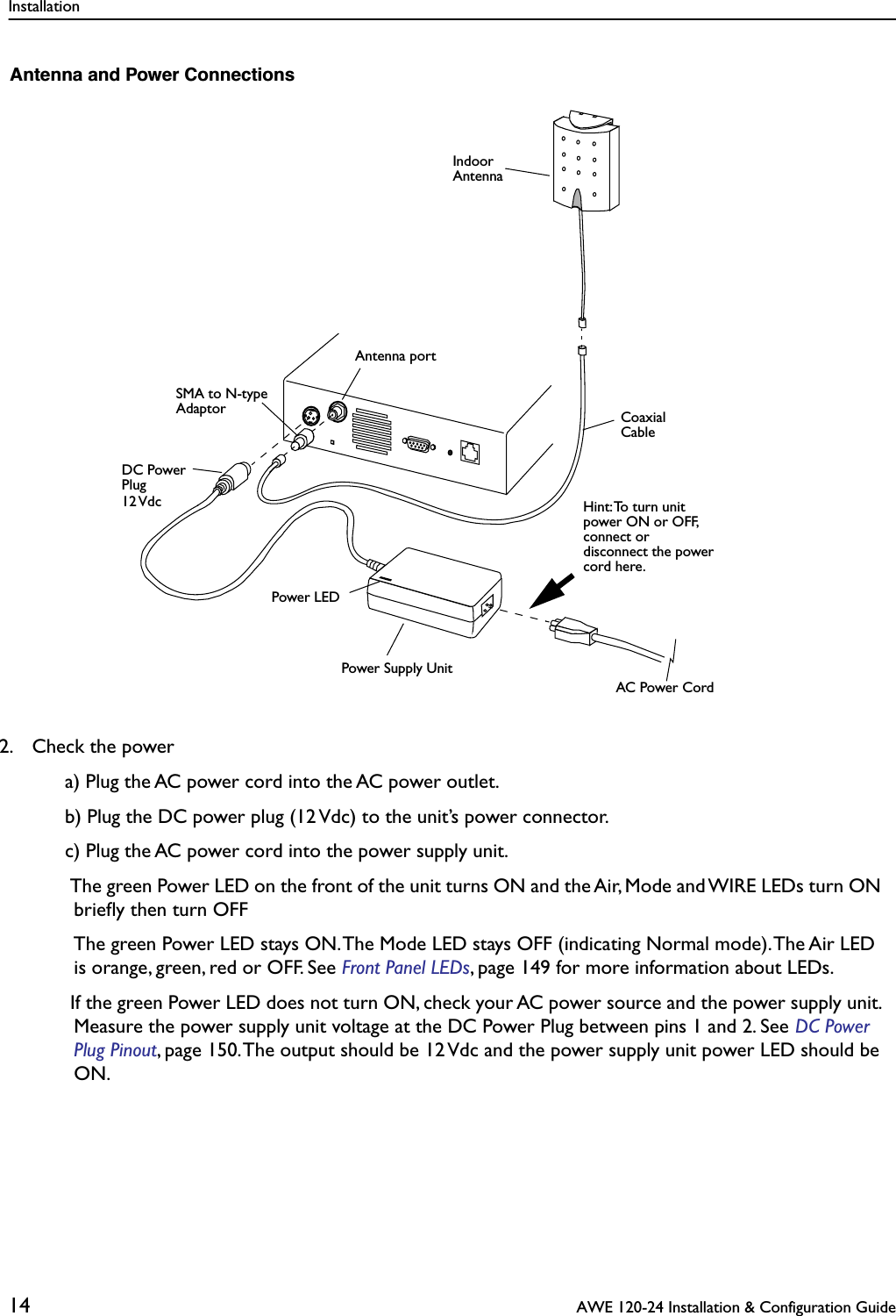 Installation14  AWE 120-24 Installation &amp; Configuration Guide  Antenna and Power Connections2. Check the powera) Plug the AC power cord into the AC power outlet.b) Plug the DC power plug (12 Vdc) to the unit’s power connector.c) Plug the AC power cord into the power supply unit.  The green Power LED on the front of the unit turns ON and the Air, Mode and WIRE LEDs turn ON brieﬂy then turn OFF  The green Power LED stays ON. The Mode LED stays OFF (indicating Normal mode). The Air LED is orange, green, red or OFF. See Front Panel LEDs, page 149 for more information about LEDs. If the green Power LED does not turn ON, check your AC power source and the power supply unit. Measure the power supply unit voltage at the DC Power Plug between pins 1 and 2. See DC Power Plug Pinout, page 150. The output should be 12 Vdc and the power supply unit power LED should be ON.Power Supply UnitAC Power CordDC PowerPlug12 VdcAntenna portHint: To turn unit power ON or OFF,connect or cord here.disconnect the powerPower LEDCoaxialCableIndoorAntennaSMA to N-typeAdaptor