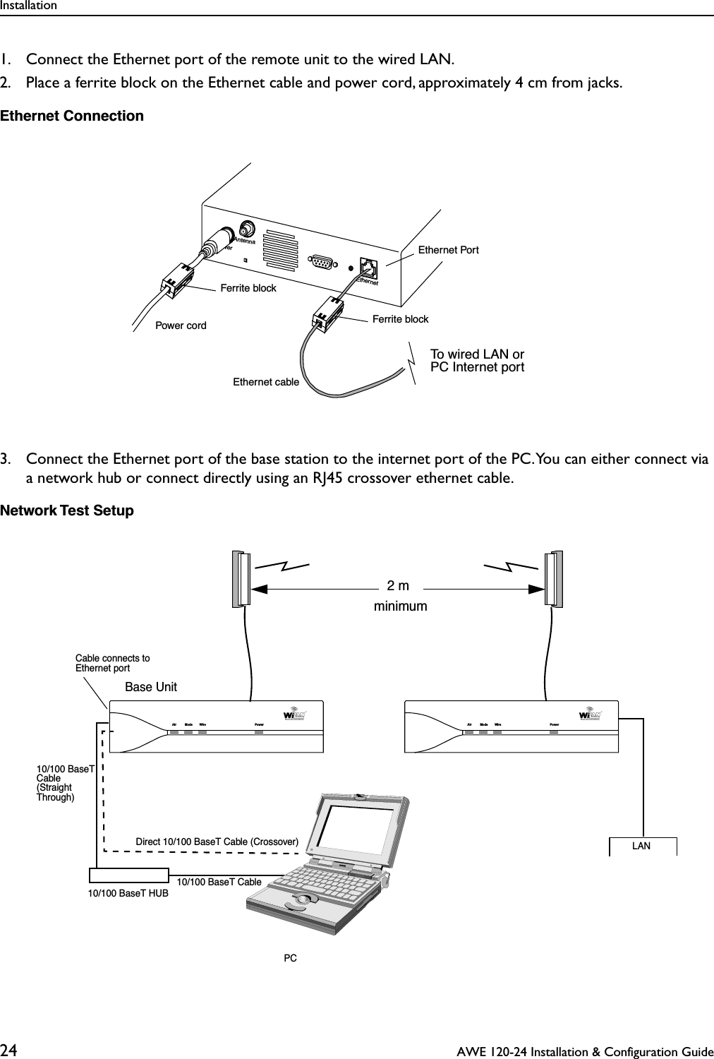 Installation24  AWE 120-24 Installation &amp; Configuration Guide1. Connect the Ethernet port of the remote unit to the wired LAN.2. Place a ferrite block on the Ethernet cable and power cord, approximately 4 cm from jacks.Ethernet Connection3. Connect the Ethernet port of the base station to the internet port of the PC. You can either connect via a network hub or connect directly using an RJ45 crossover ethernet cable.Network Test SetupAntennaPowerEthernet PortEthernetTo wired LAN or PC Internet portFerrite blockFerrite blockPower cordEthernet cableBase UnitPCLAN10/100 BaseT HUB10/100 BaseT CableDirect 10/100 BaseT Cable (Crossover)Cable connects toEthernet port(StraightThrough)Cable10/100 BaseTAir Mode Wire Power Air Mode Wire Power2 mminimum