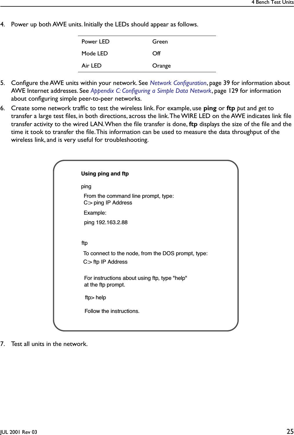 4 Bench Test UnitsJUL 2001 Rev 03 254. Power up both AWE units. Initially the LEDs should appear as follows.5. Conﬁgure the AWE units within your network. See Network Conﬁguration, page 39 for information about AWE Internet addresses. See Appendix C: Conﬁguring a Simple Data Network, page 129 for information about conﬁguring simple peer-to-peer networks.6. Create some network trafﬁc to test the wireless link. For example, use ping or ftp put and get to transfer a large test ﬁles, in both directions, across the link. The WIRE LED on the AWE indicates link ﬁle transfer activity to the wired LAN. When the ﬁle transfer is done, ftp displays the size of the ﬁle and the time it took to transfer the ﬁle. This information can be used to measure the data throughput of the wireless link, and is very useful for troubleshooting.7. Test all units in the network.Power LED GreenMode LED OffAir LED OrangepingftpUsing ping and ftpFrom the command line prompt, type:C:&gt; ping IP Address To connect to the node, from the DOS prompt, type:C:&gt; ftp IP Address Example:ping 192.163.2.88Follow the instructions. ftp&gt; help For instructions about using ftp, type &quot;help&quot; at the ftp prompt.