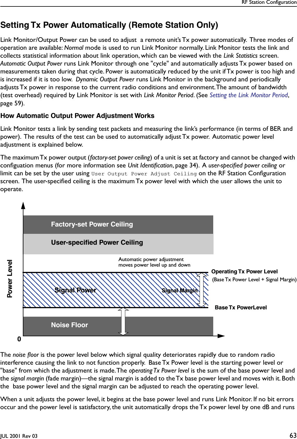RF Station ConfigurationJUL 2001 Rev 03 63Setting Tx Power Automatically (Remote Station Only)Link Monitor/Output Power can be used to adjust  a remote unit’s Tx power automatically.  Three modes of operation are available: Normal mode is used to run Link Monitor normally. Link Monitor tests the link and  collects statistical information about link operation, which can be viewed with the Link Statistics screen. Automatic Output Power runs Link Monitor through one &quot;cycle&quot; and automatically adjusts Tx power based on measurements taken during that cycle. Power is automatically reduced by the unit if Tx power is too high and is increased if it is too low.  Dynamic Output Power runs Link Monitor in the background and periodically adjusts Tx power in response to the current radio conditions and environment. The amount of bandwidth (test overhead) required by Link Monitor is set with Link Monitor Period. (See Setting the Link Monitor Period, page 59).How Automatic Output Power Adjustment WorksLink Monitor tests a link by sending test packets and measuring the link’s performance (in terms of BER and power).  The results of the test can be used to automatically adjust Tx power.  Automatic power level adjustment is explained below. The maximum Tx power output (factory-set power ceiling) of a unit is set at factory and cannot be changed with conﬁguation menus (for more information see Unit Identiﬁcation, page 34).  A user-speciﬁed power ceiling or limit can be set by the user using User Output Power Adjust Ceiling on the RF Station Conﬁguration screen.  The user-speciﬁed ceiling is the maximum Tx power level with which the user allows the unit to operate.The noise ﬂoor is the power level below which signal quality deteriorates rapidly due to random radio interference causing the link to not function properly.  Base Tx Power level is the starting power level or &quot;base&quot; from which the adjustment is made. The operating Tx Power level is the sum of the base power level and the signal margin (fade margin)—the signal margin is added to the Tx base power level and moves with it. Both the  base power level and the signal margin can be adjusted to reach the operating power level.When a unit adjusts the power level, it begins at the base power level and runs Link Monitor. If no bit errors occur and the power level is satisfactory, the unit automatically drops the Tx power level by one dB and runs Noise FloorFactory-set Power CeilingUser-specified Power Ceiling(Base Tx Power Level + Signal Margin)Signal Power Signal MarginPower Level  Base Tx PowerLevelAutomatic power adjustment moves power level up and downOperating Tx Power Level 0