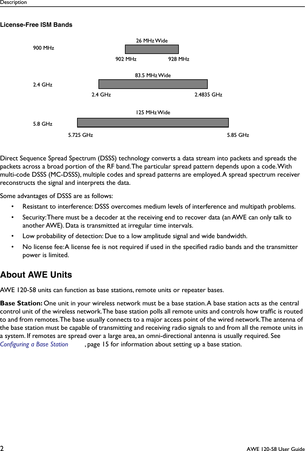  Description 2  AWE 120-58 User Guide License-Free ISM Bands Direct Sequence Spread Spectrum (DSSS) technology converts a data stream into packets and spreads the packets across a broad portion of the RF band. The particular spread pattern depends upon a code. With multi-code DSSS (MC-DSSS), multiple codes and spread patterns are employed. A spread spectrum receiver reconstructs the signal and interprets the data. Some advantages of DSSS are as follows:• Resistant to interference: DSSS overcomes medium levels of interference and multipath problems.• Security: There must be a decoder at the receiving end to recover data (an AWE can only talk to another AWE). Data is transmitted at irregular time intervals.• Low probability of detection: Due to a low amplitude signal and wide bandwidth.• No license fee: A license fee is not required if used in the speciﬁed radio bands and the transmitter power is limited. About AWE Units AWE 120-58 units can function as base stations, remote units or repeater bases. Base Station:  One unit in your wireless network must be a base station. A base station acts as the central control unit of the wireless network. The base station polls all remote units and controls how trafﬁc is routed to and from remotes. The base usually connects to a major access point of the wired network. The antenna of the base station must be capable of transmitting and receiving radio signals to and from all the remote units in a system. If remotes are spread over a large area, an omni-directional antenna is usually required. See  Configuring a Base Station , page 15 for information about setting up a base station.900 MHz 2.4 GHz5.8 GHz26 MHz Wide83.5 MHz Wide125 MHz Wide902 MHz 928 MHz2.4 GHz 2.4835 GHz5.725 GHz 5.85 GHz