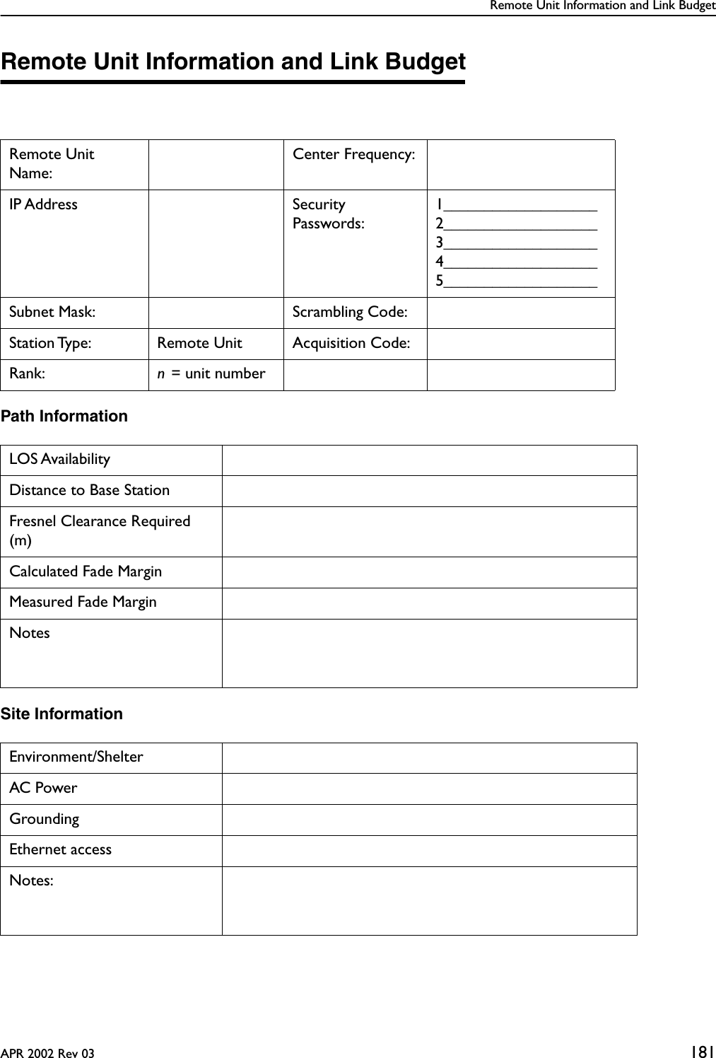 Remote Unit Information and Link BudgetAPR 2002 Rev 03 181Remote Unit Information and Link BudgetPath InformationSite Information Remote Unit Name:Center Frequency:IP Address Security Passwords:1___________________2___________________3___________________4___________________5___________________Subnet Mask: Scrambling Code:Station Type:  Remote Unit Acquisition Code:Rank: n = unit numberLOS AvailabilityDistance to Base StationFresnel Clearance Required (m)Calculated Fade MarginMeasured Fade MarginNotesEnvironment/ShelterAC PowerGroundingEthernet accessNotes: