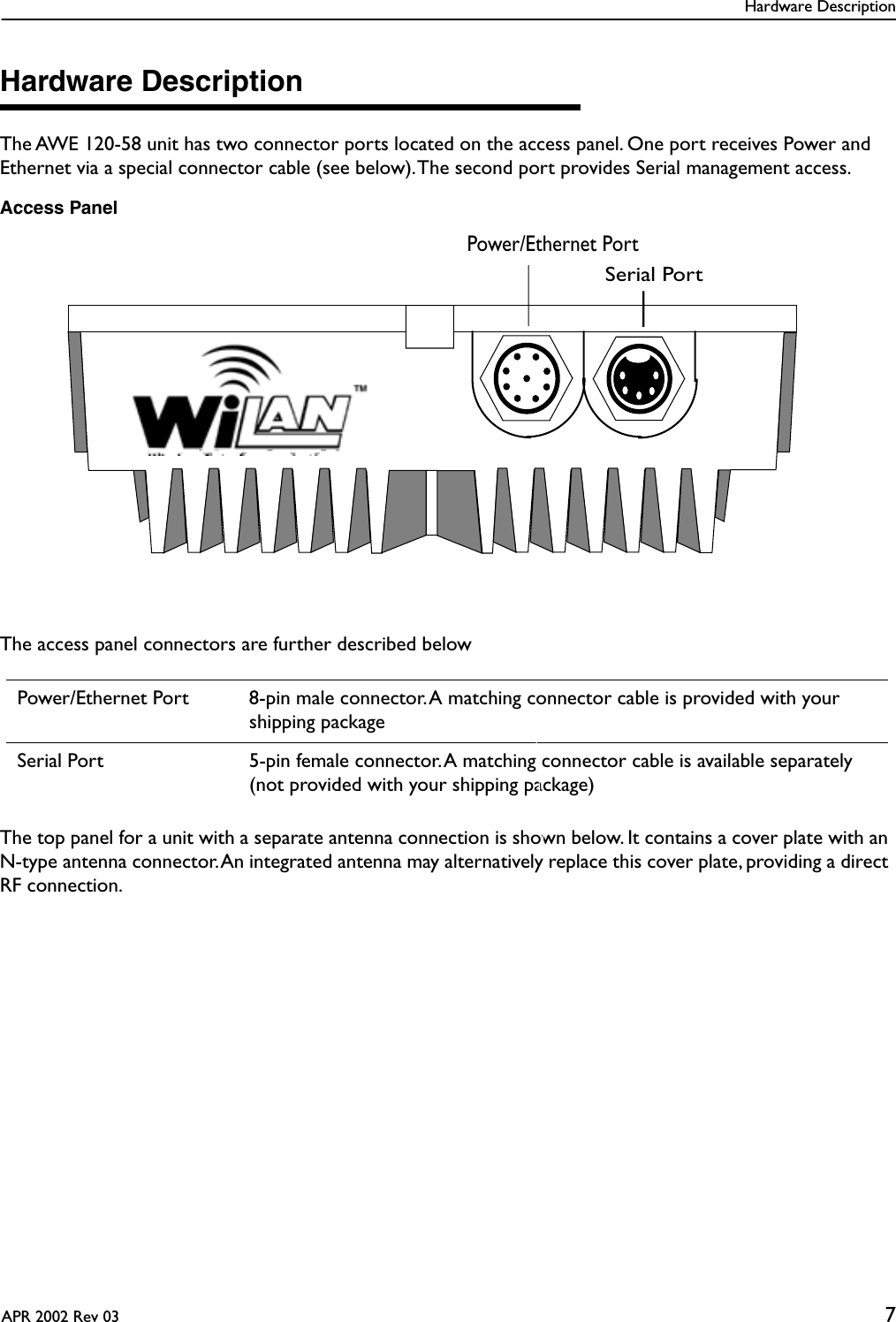  Hardware DescriptionAPR 2002 Rev 03 7 Hardware Description The AWE 120-58 unit has two connector ports located on the access panel. One port receives Power and Ethernet via a special connector cable (see below). The second port provides Serial management access.Access PanelThe access panel connectors are further described belowThe top panel for a unit with a separate antenna connection is shown below. It contains a cover plate with an N-type antenna connector. An integrated antenna may alternatively replace this cover plate, providing a direct RF connection.Power/Ethernet Port 8-pin male connector. A matching connector cable is provided with your shipping packageSerial Port 5-pin female connector. A matching connector cable is available separately (not provided with your shipping package)Power/Ethernet PortSerial Port