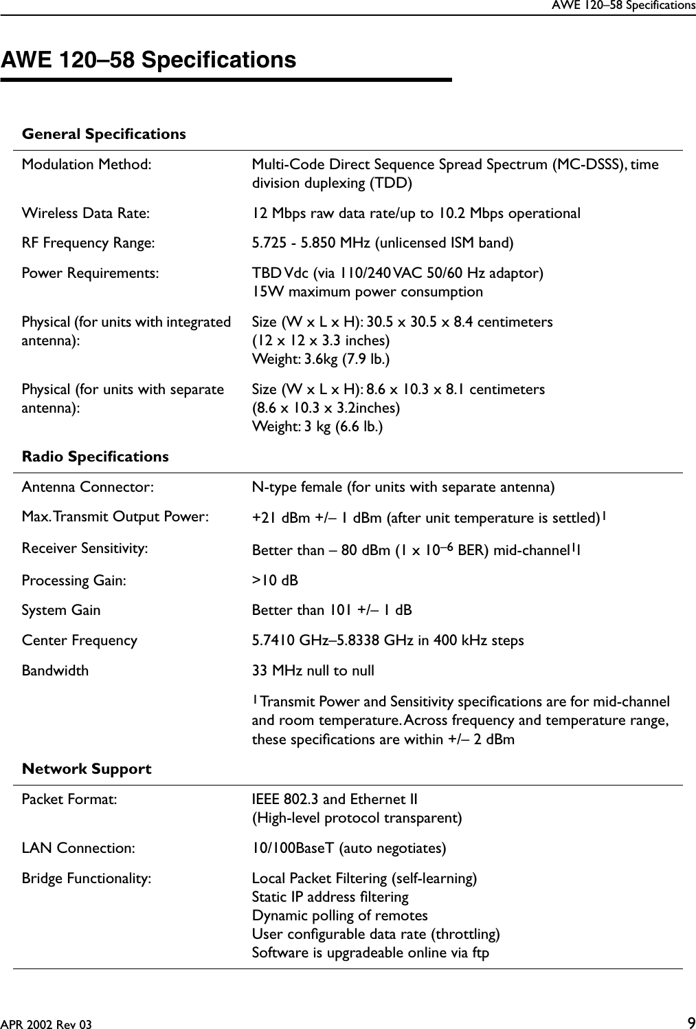 AWE 120–58 SpecificationsAPR 2002 Rev 03 9AWE 120–58 SpeciﬁcationsGeneral SpeciﬁcationsModulation Method: Multi-Code Direct Sequence Spread Spectrum (MC-DSSS), time division duplexing (TDD)Wireless Data Rate: 12 Mbps raw data rate/up to 10.2 Mbps operationalRF Frequency Range: 5.725 - 5.850 MHz (unlicensed ISM band)Power Requirements: TBD Vdc (via 110/240 VAC 50/60 Hz adaptor)15W maximum power consumptionPhysical (for units with integrated antenna):Size (W x L x H): 30.5 x 30.5 x 8.4 centimeters(12 x 12 x 3.3 inches)Weight: 3.6kg (7.9 lb.)Physical (for units with separate antenna):Size (W x L x H): 8.6 x 10.3 x 8.1 centimeters(8.6 x 10.3 x 3.2inches)Weight: 3 kg (6.6 lb.)Radio SpeciﬁcationsAntenna Connector: N-type female (for units with separate antenna) Max. Transmit Output Power: +21 dBm +/– 1 dBm (after unit temperature is settled)1Receiver Sensitivity: Better than – 80 dBm (1 x 10–6 BER) mid-channel1lProcessing Gain: &gt;10 dBSystem Gain Better than 101 +/– 1 dBCenter Frequency 5.7410 GHz–5.8338 GHz in 400 kHz stepsBandwidth 33 MHz null to null1 Transmit Power and Sensitivity speciﬁcations are for mid-channel and room temperature. Across frequency and temperature range, these speciﬁcations are within +/– 2 dBmNetwork SupportPacket Format: IEEE 802.3 and Ethernet II(High-level protocol transparent)LAN Connection: 10/100BaseT (auto negotiates)Bridge Functionality: Local Packet Filtering (self-learning)Static IP address ﬁlteringDynamic polling of remotesUser conﬁgurable data rate (throttling)Software is upgradeable online via ftp