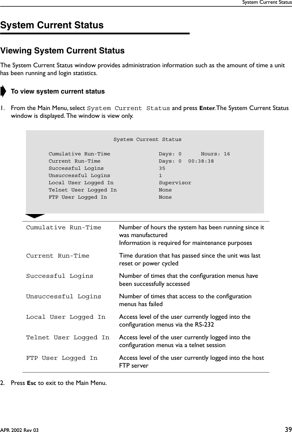 System Current StatusAPR 2002 Rev 03 39System Current StatusViewing System Current StatusThe System Current Status window provides administration information such as the amount of time a unit has been running and login statistics.➧ To view system current status1. From the Main Menu, select System Current Status and press Enter. The System Current Status window is displayed. The window is view only.2. Press Esc to exit to the Main Menu.Cumulative Run-Time Number of hours the system has been running since it was manufacturedInformation is required for maintenance purposesCurrent Run-Time Time duration that has passed since the unit was last reset or power cycledSuccessful Logins Number of times that the conﬁguration menus have been successfully accessedUnsuccessful Logins Number of times that access to the conﬁguration menus has failedLocal User Logged In Access level of the user currently logged into the conﬁguration menus via the RS-232Telnet User Logged In Access level of the user currently logged into the conﬁguration menus via a telnet sessionFTP User Logged In Access level of the user currently logged into the host FTP server                         System Current Status     Cumulative Run-Time               Days: 0      Hours: 16     Current Run-Time                  Days: 0  00:38:38     Successful Logins                 35     Unsuccessful Logins               1     Local User Logged In              Supervisor     Telnet User Logged In             None     FTP User Logged In                None