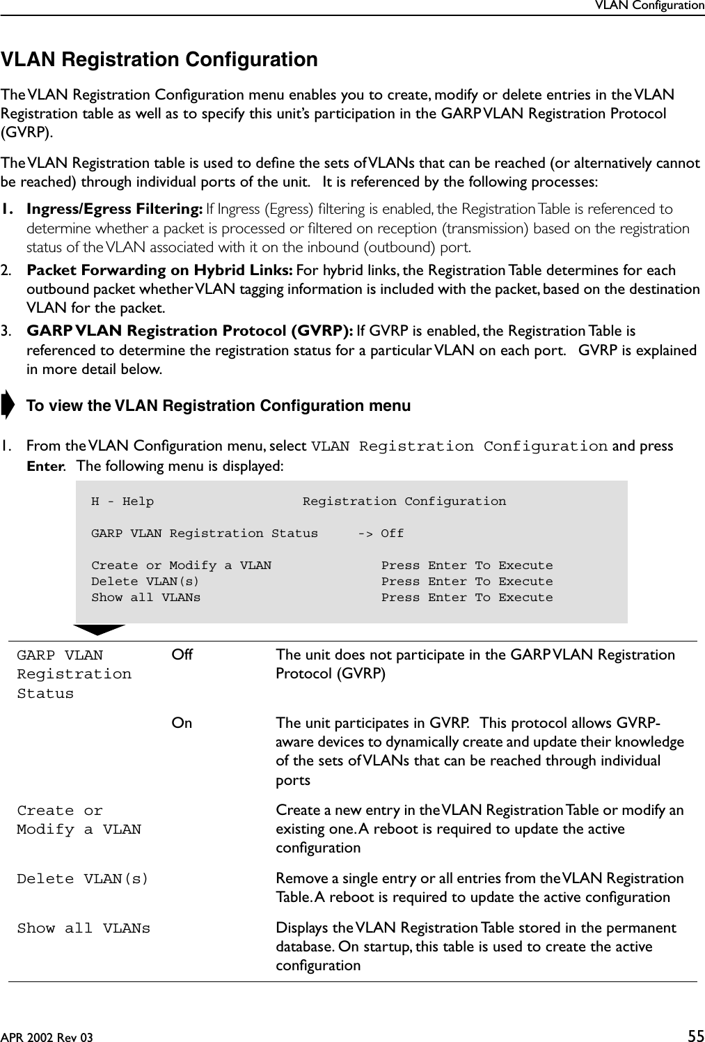 VLAN ConfigurationAPR 2002 Rev 03 55VLAN Registration ConﬁgurationThe VLAN Registration Conﬁguration menu enables you to create, modify or delete entries in the VLAN Registration table as well as to specify this unit’s participation in the GARP VLAN Registration Protocol (GVRP).The VLAN Registration table is used to deﬁne the sets of VLANs that can be reached (or alternatively cannot be reached) through individual ports of the unit.   It is referenced by the following processes:1. Ingress/Egress Filtering: If Ingress (Egress) ﬁltering is enabled, the Registration Table is referenced to determine whether a packet is processed or ﬁltered on reception (transmission) based on the registration status of the VLAN associated with it on the inbound (outbound) port. 2. Packet Forwarding on Hybrid Links: For hybrid links, the Registration Table determines for each outbound packet whether VLAN tagging information is included with the packet, based on the destination VLAN for the packet.3. GARP VLAN Registration Protocol (GVRP): If GVRP is enabled, the Registration Table is referenced to determine the registration status for a particular VLAN on each port.   GVRP is explained in more detail below.➧ To view the VLAN Registration Conﬁguration menu1. From the VLAN Conﬁguration menu, select VLAN Registration Configuration and press Enter.   The following menu is displayed:GARP VLAN Registration StatusOff The unit does not participate in the GARP VLAN Registration Protocol (GVRP)On The unit participates in GVRP.   This protocol allows GVRP-aware devices to dynamically create and update their knowledge of the sets of VLANs that can be reached through individual portsCreate or Modify a VLANCreate a new entry in the VLAN Registration Table or modify an existing one. A reboot is required to update the active conﬁgurationDelete VLAN(s) Remove a single entry or all entries from the VLAN Registration Table. A reboot is required to update the active conﬁgurationShow all VLANs Displays the VLAN Registration Table stored in the permanent database. On startup, this table is used to create the active conﬁgurationH - Help                   Registration ConfigurationGARP VLAN Registration Status     -&gt; OffCreate or Modify a VLAN              Press Enter To ExecuteDelete VLAN(s)                       Press Enter To ExecuteShow all VLANs                       Press Enter To Execute