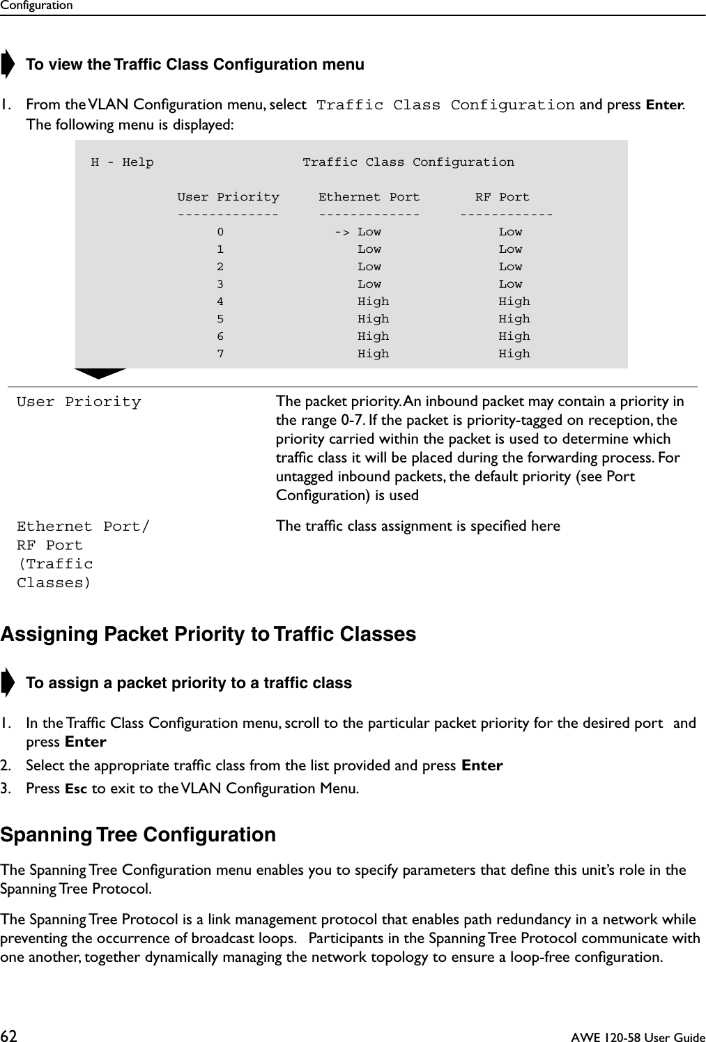 Configuration62  AWE 120-58 User Guide➧ To view the Trafﬁc Class Conﬁguration menu1. From the VLAN Conﬁguration menu, select Traffic Class Configuration and press Enter.   The following menu is displayed:Assigning Packet Priority to Trafﬁc Classes➧ To assign a packet priority to a trafﬁc class 1. In the Trafﬁc Class Conﬁguration menu, scroll to the particular packet priority for the desired port and press Enter2. Select the appropriate trafﬁc class from the list provided and press Enter3. Press Esc to exit to the VLAN Conﬁguration Menu.Spanning Tree ConﬁgurationThe Spanning Tree Conﬁguration menu enables you to specify parameters that deﬁne this unit’s role in the Spanning Tree Protocol.The Spanning Tree Protocol is a link management protocol that enables path redundancy in a network while preventing the occurrence of broadcast loops.   Participants in the Spanning Tree Protocol communicate with one another, together dynamically managing the network topology to ensure a loop-free conﬁguration. User Priority The packet priority. An inbound packet may contain a priority in the range 0-7. If the packet is priority-tagged on reception, the priority carried within the packet is used to determine which trafﬁc class it will be placed during the forwarding process. For untagged inbound packets, the default priority (see Port Conﬁguration) is usedEthernet Port/RF Port (Traffic Classes)The trafﬁc class assignment is speciﬁed hereH - Help                   Traffic Class Configuration           User Priority     Ethernet Port       RF Port           -------------     -------------     ------------                0              -&gt; Low               Low                1                 Low               Low                2                 Low               Low                3                 Low               Low                4                 High              High                5                 High              High                6                 High              High                7                 High              High