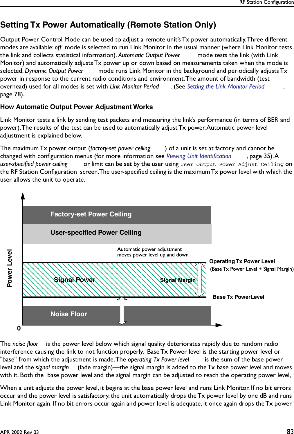 RF Station ConfigurationAPR 2002 Rev 03 83Setting Tx Power Automatically (Remote Station Only)Output Power Control Mode can be used to adjust a remote unit’s Tx power automatically. Three different modes are available: off  mode is selected to run Link Monitor in the usual manner (where Link Monitor tests the link and collects statistical information). Automatic Output Power  mode tests the link (with Link Monitor) and automatically adjusts Tx power up or down based on measurements taken when the mode is selected. Dynamic Output Power  mode runs Link Monitor in the background and periodically adjusts Tx power in response to the current radio conditions and environment. The amount of bandwidth (test overhead) used for all modes is set with Link Monitor Period . (See Setting the Link Monitor Period , page 78).How Automatic Output Power Adjustment WorksLink Monitor tests a link by sending test packets and measuring the link’s performance (in terms of BER and power). The results of the test can be used to automatically adjust Tx power. Automatic power level adjustment is explained below. The maximum Tx power output (factory-set power ceiling ) of a unit is set at factory and cannot be changed with conﬁguration menus (for more information see Viewing Unit Identification , page 35). A user-specified power ceiling  or limit can be set by the user using User Output Power Adjust Ceiling on the RF Station Conﬁguration screen. The user-speciﬁed ceiling is the maximum Tx power level with which the user allows the unit to operate.The noise floor  is the power level below which signal quality deteriorates rapidly due to random radio interference causing the link to not function properly.  Base Tx Power level is the starting power level or &quot;base&quot; from which the adjustment is made. The operating Tx Power level  is the sum of the base power level and the signal margin  (fade margin)—the signal margin is added to the Tx base power level and moves with it. Both the  base power level and the signal margin can be adjusted to reach the operating power level,When a unit adjusts the power level, it begins at the base power level and runs Link Monitor. If no bit errors occur and the power level is satisfactory, the unit automatically drops the Tx power level by one dB and runs Link Monitor again. If no bit errors occur again and power level is adequate, it once again drops the Tx power Noise FloorFactory-set Power CeilingUser-specified Power Ceiling(Base Tx Power Level + Signal Margin)Signal Power Signal MarginPower Level  Base Tx PowerLevelAutomatic power adjustment moves power level up and downOperating Tx Power Level 0