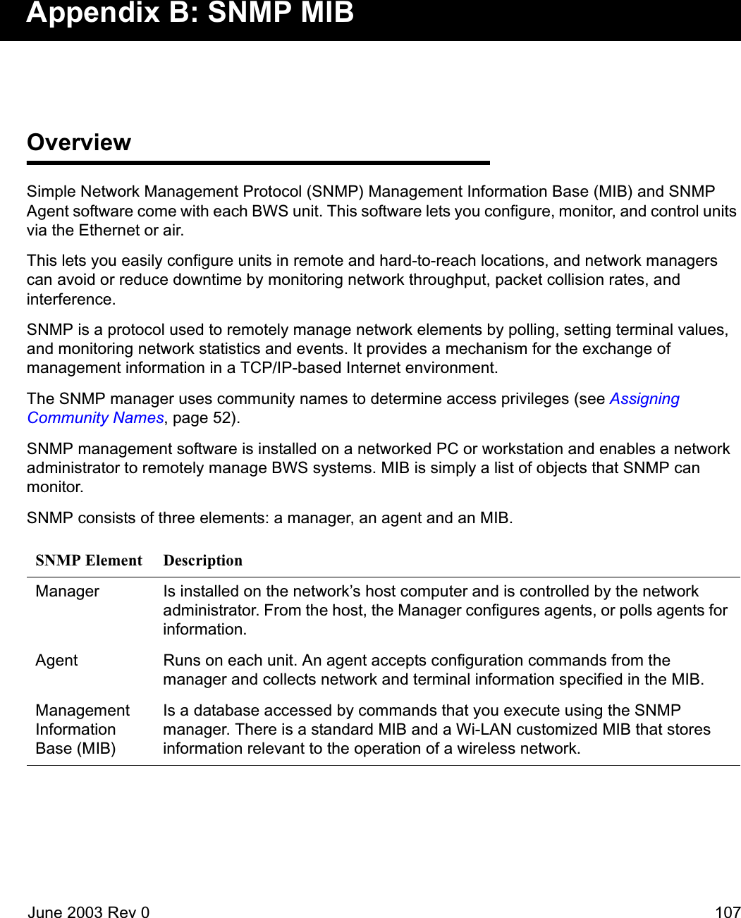 June 2003 Rev 0 107Appendix B: SNMP MIBOverviewSimple Network Management Protocol (SNMP) Management Information Base (MIB) and SNMP Agent software come with each BWS unit. This software lets you configure, monitor, and control units via the Ethernet or air. This lets you easily configure units in remote and hard-to-reach locations, and network managers can avoid or reduce downtime by monitoring network throughput, packet collision rates, and interference.SNMP is a protocol used to remotely manage network elements by polling, setting terminal values, and monitoring network statistics and events. It provides a mechanism for the exchange of management information in a TCP/IP-based Internet environment.The SNMP manager uses community names to determine access privileges (see Assigning Community Names, page 52).SNMP management software is installed on a networked PC or workstation and enables a network administrator to remotely manage BWS systems. MIB is simply a list of objects that SNMP can monitor.SNMP consists of three elements: a manager, an agent and an MIB.SNMP Element DescriptionManager Is installed on the network’s host computer and is controlled by the network administrator. From the host, the Manager configures agents, or polls agents for information.Agent Runs on each unit. An agent accepts configuration commands from the manager and collects network and terminal information specified in the MIB.Management Information Base (MIB)Is a database accessed by commands that you execute using the SNMP manager. There is a standard MIB and a Wi-LAN customized MIB that stores information relevant to the operation of a wireless network.