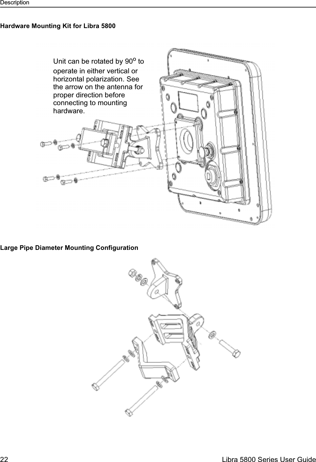 Description22  Libra 5800 Series User GuideHardware Mounting Kit for Libra 5800Large Pipe Diameter Mounting Configuration Unit can be rotated by 90o tooperate in either vertical orhorizontal polarization. See the arrow on the antenna forproper direction before connecting to mounting hardware.  