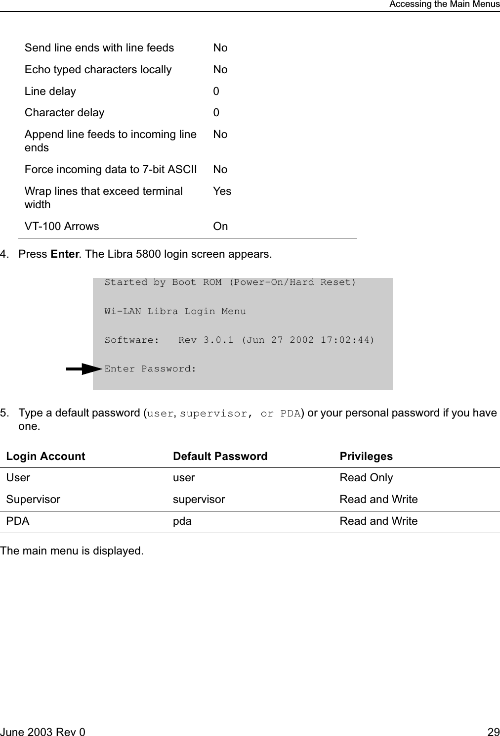 Accessing the Main MenusJune 2003 Rev 0 294. Press Enter. The Libra 5800 login screen appears.5. Type a default password (user, supervisor, or PDA) or your personal password if you have one. The main menu is displayed.Send line ends with line feeds NoEcho typed characters locally NoLine delay 0Character delay 0Append line feeds to incoming line endsNoForce incoming data to 7-bit ASCII NoWrap lines that exceed terminal widthYesVT-100 Arrows OnLogin Account Default Password PrivilegesUser user Read OnlySupervisor supervisor Read and WritePDA pda Read and WriteStarted by Boot ROM (Power-On/Hard Reset) Wi-LAN Libra Login Menu              Software:   Rev 3.0.1 (Jun 27 2002 17:02:44)              Enter Password: