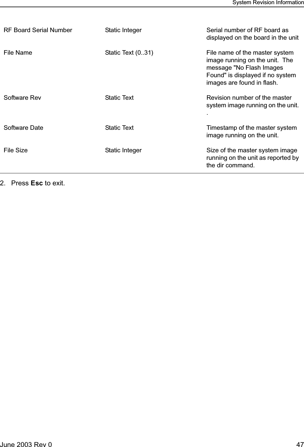 System Revision InformationJune 2003 Rev 0 472. Press Esc to exit.RF Board Serial Number Static Integer Serial number of RF board as displayed on the board in the unitFile Name Static Text (0..31) File name of the master system image running on the unit.  The message &quot;No Flash Images Found&quot; is displayed if no system images are found in flash. Software Rev Static Text Revision number of the master system image running on the unit. .Software Date Static Text Timestamp of the master system image running on the unit.File Size Static Integer Size of the master system image running on the unit as reported by the dir command.